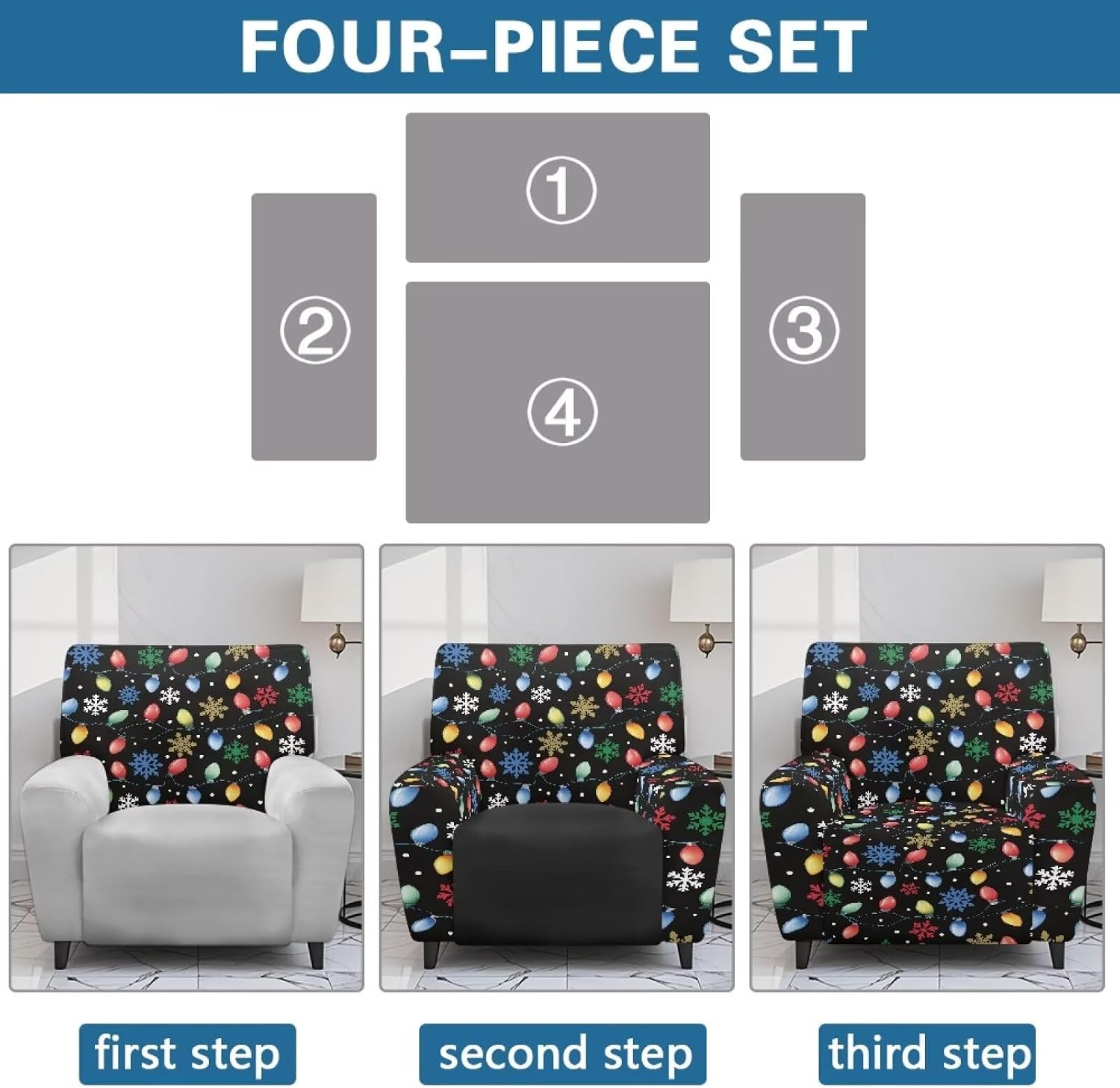 Christmas Lights Chair Covers for Recliner Wear Resistant Reclining Protector Breathable Soft Lazyboy Chair Cover Large Universal Furniture Slipcovers, Xmas Snowflake