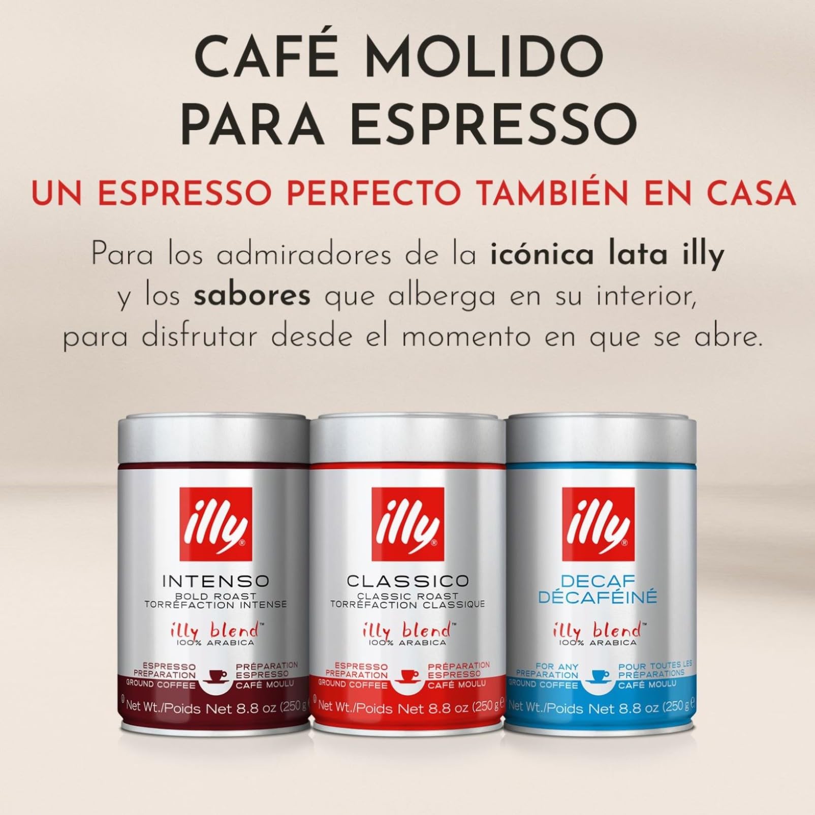 Café Molido Illy 100% Arábica para Expreso, Latas de 250 g - 3 x Tueste CLASSICO + 3 x Tueste INTENSO