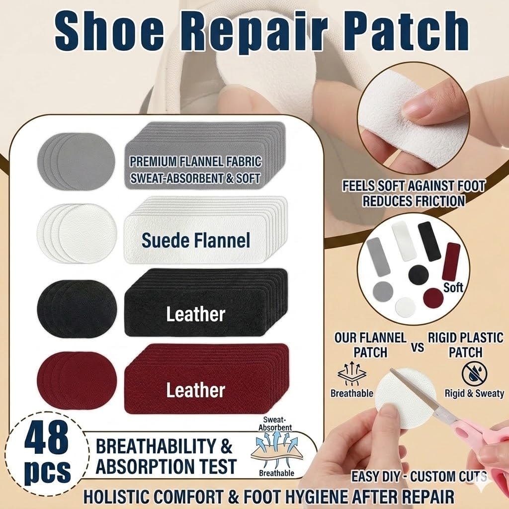 Shoe Repair Patches for Holes – 48Pcs Self-Adhesive Fabric Patch for Sneakers, Basketball & Running Shoes, Flannel Shoe Patches for Holes Inside Outside – Round & Rectangular 4 Colors