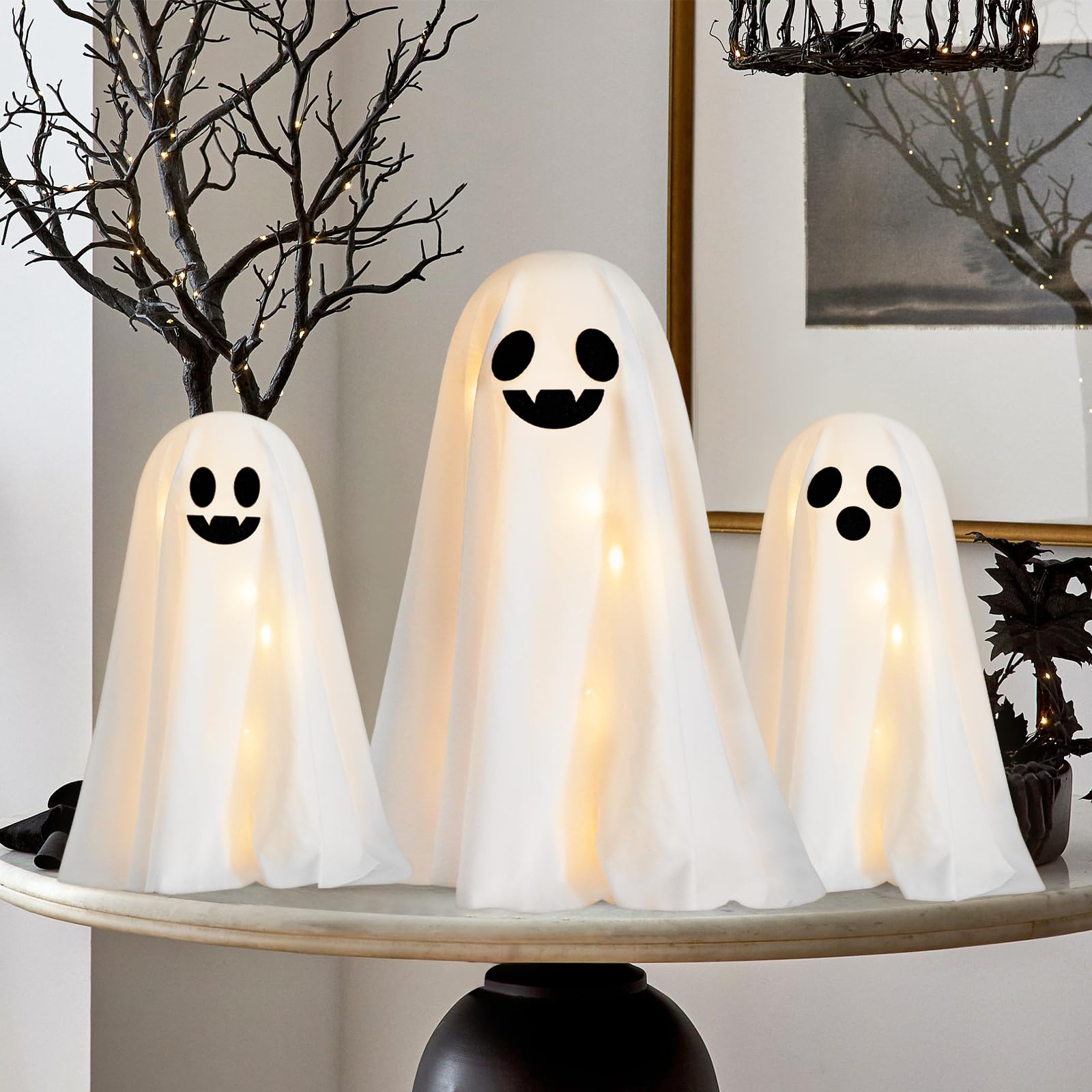 Dekoracje na Halloween do wnętrz – 3 opakowania DIY podświetlane upiorne duchy z lampkami sznurkowymi, kapelusze czarownic, zestawy rzemieślnicze na Halloween, do dekoracji wnętrz, na imprezę, do domu