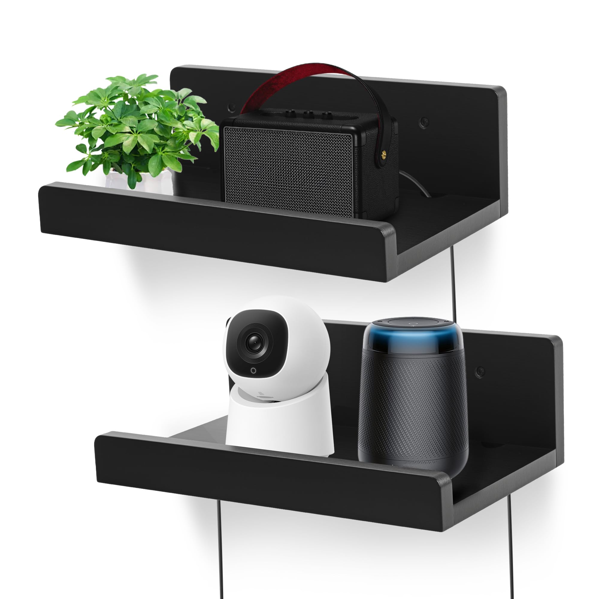 FURAOMEILI Schwebende Wandregale, 2er-Set, 12-Zoll-Massivholzregale mit Kabelöffnungen, kleines Wandregal für Router, Webcam, Smart Speaker, Kamera – Schwarz