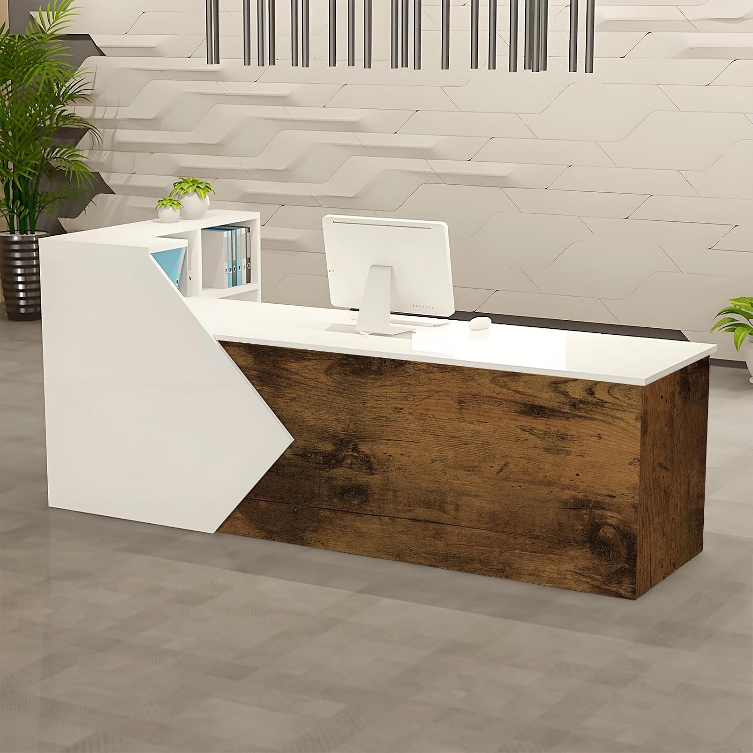 Modern L-Shaped Reception Desk with Storage Shelves and Cabinet, Wooden Front Counter Table for Office, Salon, Boutique   Multiple Sizes & Colors