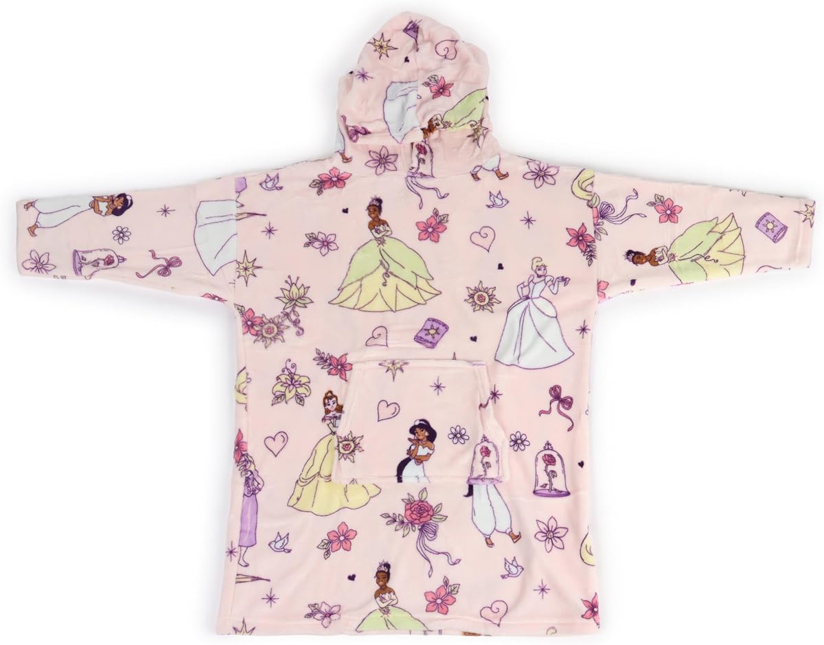 Jay Franco Wearable Throw Blanket – Kids Oversized Plush Hooded Blanket with Pocket, Ultra Soft Cozy Fleece Throw for Lounging, Travel, Pink - Princess, 24x32 - Kid