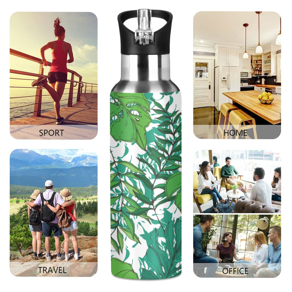 Edelstahl Wasserflasche mit Strohhalm, tropische Strandblätter Pflanze isolierte Trinkflasche Sport Wasserflasche für Kinder Erwachsene, auslaufsicher, 1L