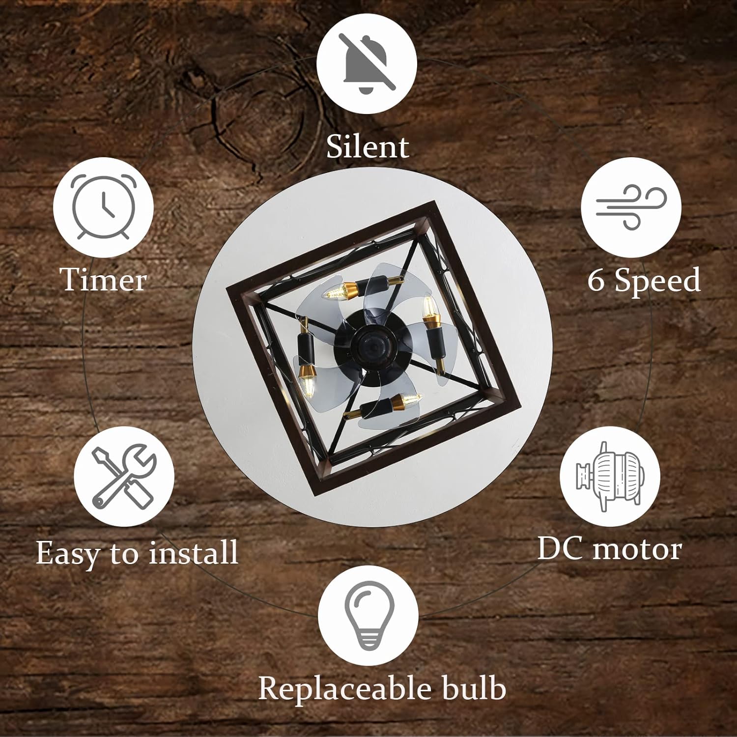 YUEGOO Ceiling Fans with Lamps,Dc Reversible Retro Ceiling Fans with Lamp 6 Speed Timer Silent Rustic Vintage Square Fan Chandeliers Ceiling Light for Kitchen Warehouse/Brown