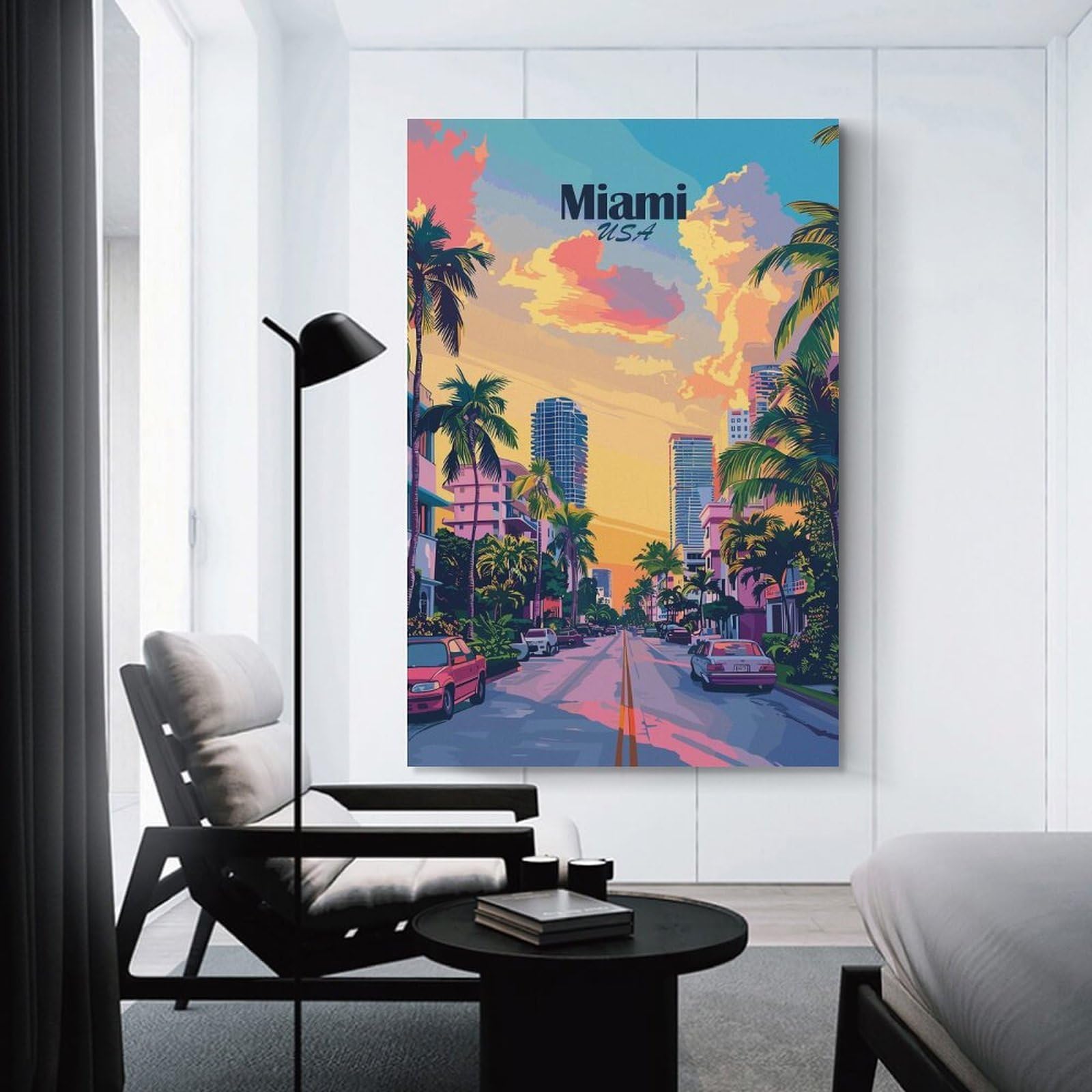 Junmoney Room Decor Wall Art Miami USA Cityscape with Palm Trees, 08x12inch(20x30cm), for Hallway, Bedroom Or Modern Interiors, Gift Idea for Housewarming And Birthdays