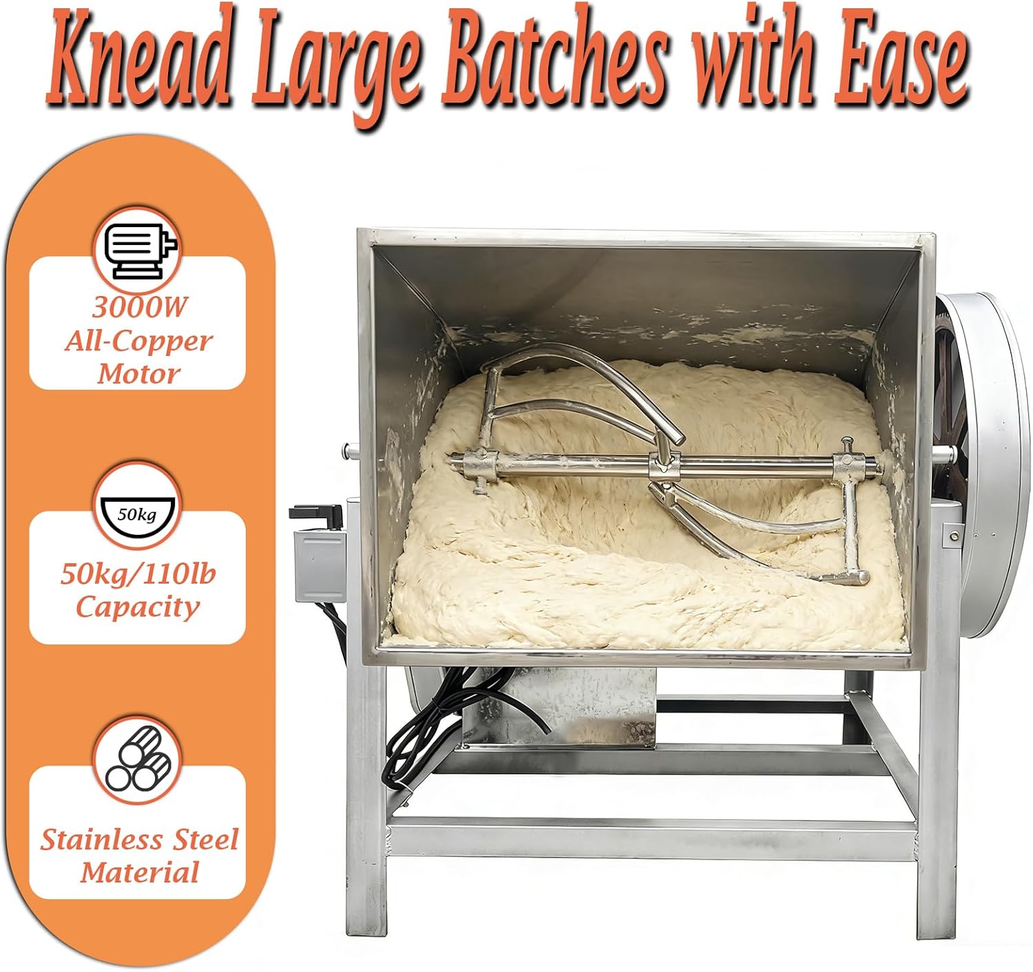 Commercial Dough Mixer 50KG 110LB 3000W, Heavy Duty Electric Spiral Flour Mixing Machine with 90 Degree Tilt Bucket, 110V without Plug for Restaurant Bakery Canteen Noodle Dumpling Meat