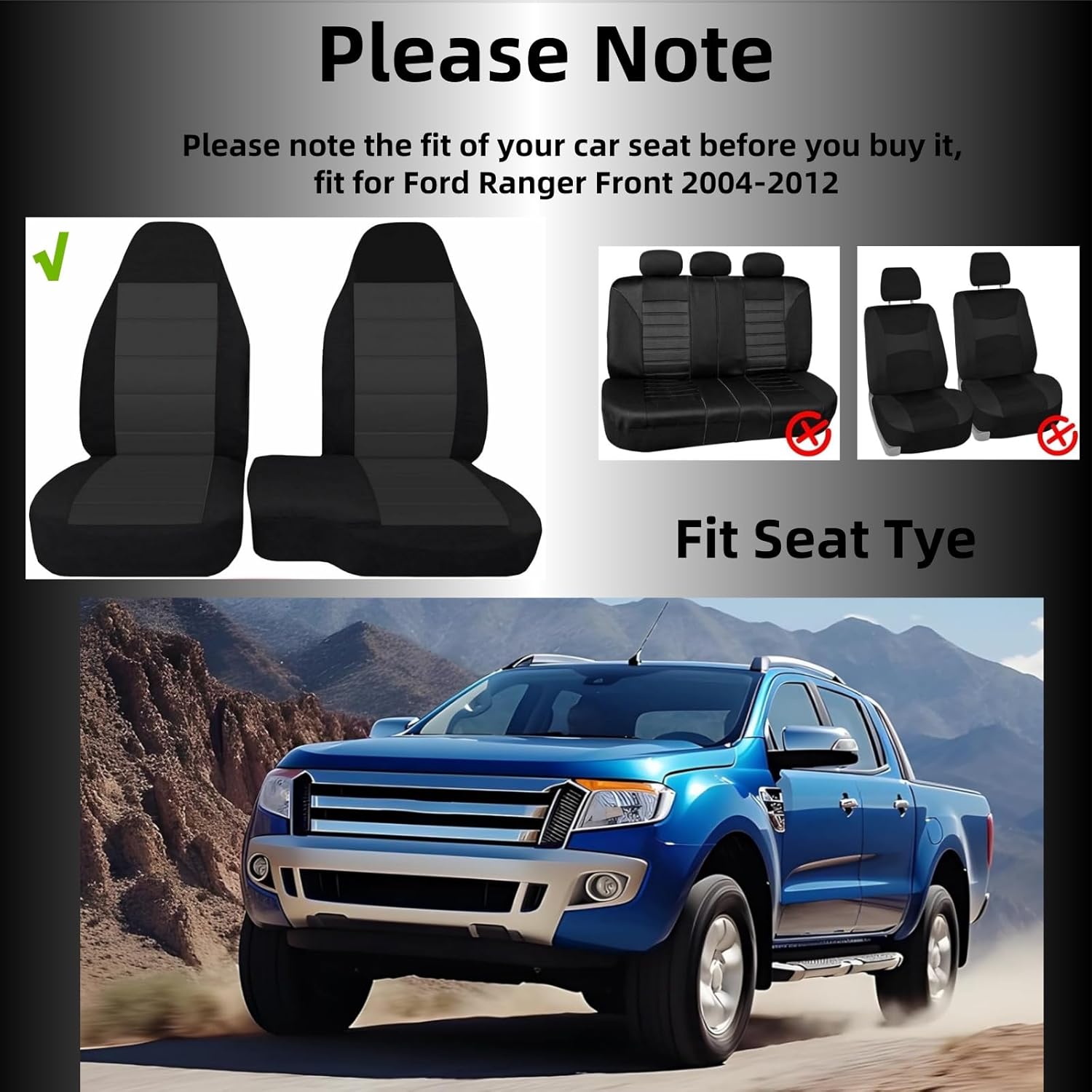 Front Car Seat Covers for 2004-2012 Ford Ranger, Custom-Fit High Back 60/40 Split Bench Seat Covers, Replacement Front Car Seat Protective Covers