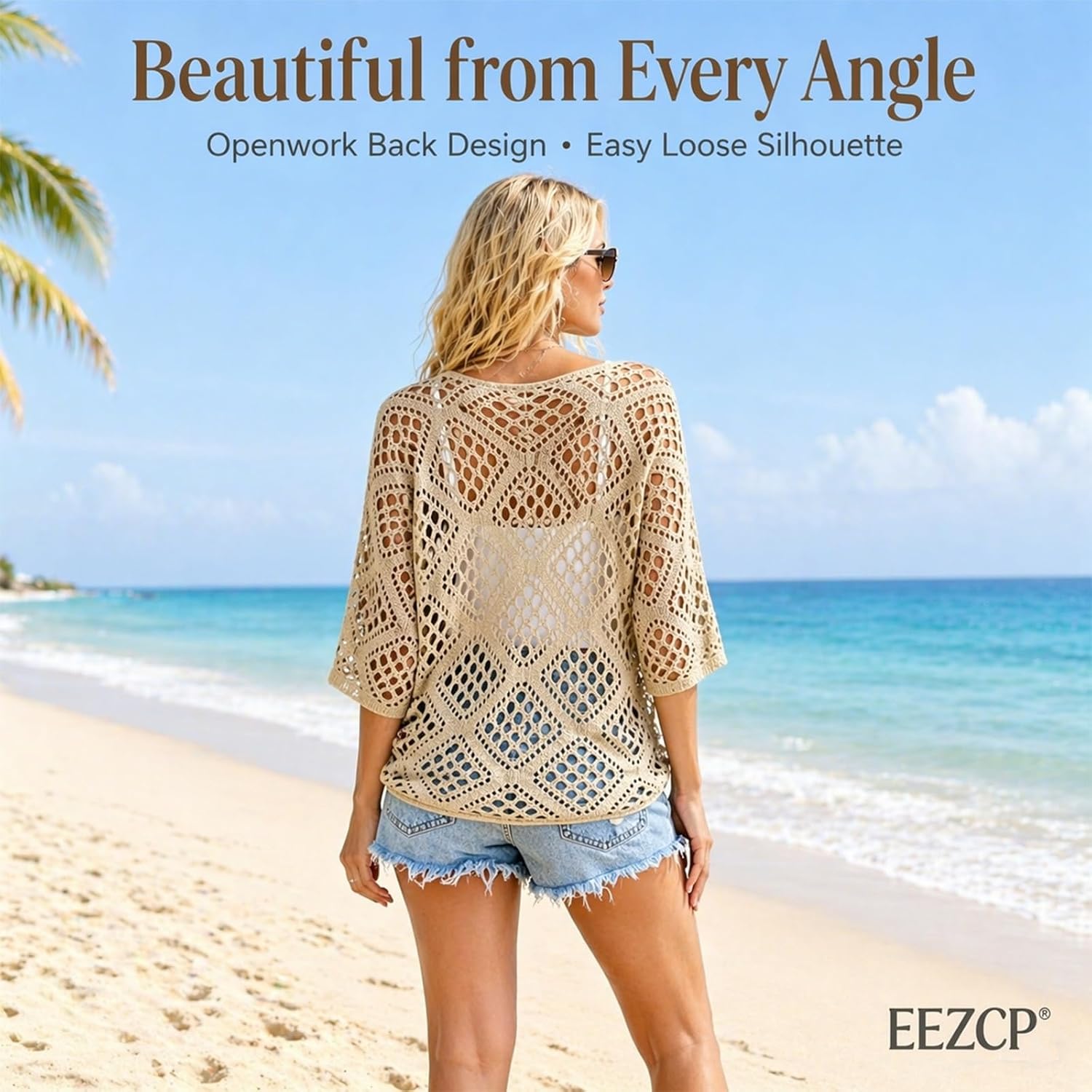 Women's Bohemian-Inspired Beige Crochet Top with V-Neck, Summer Crochet Long Sleeve Sexy Tops Beach Cover Ups Cruise Outfit