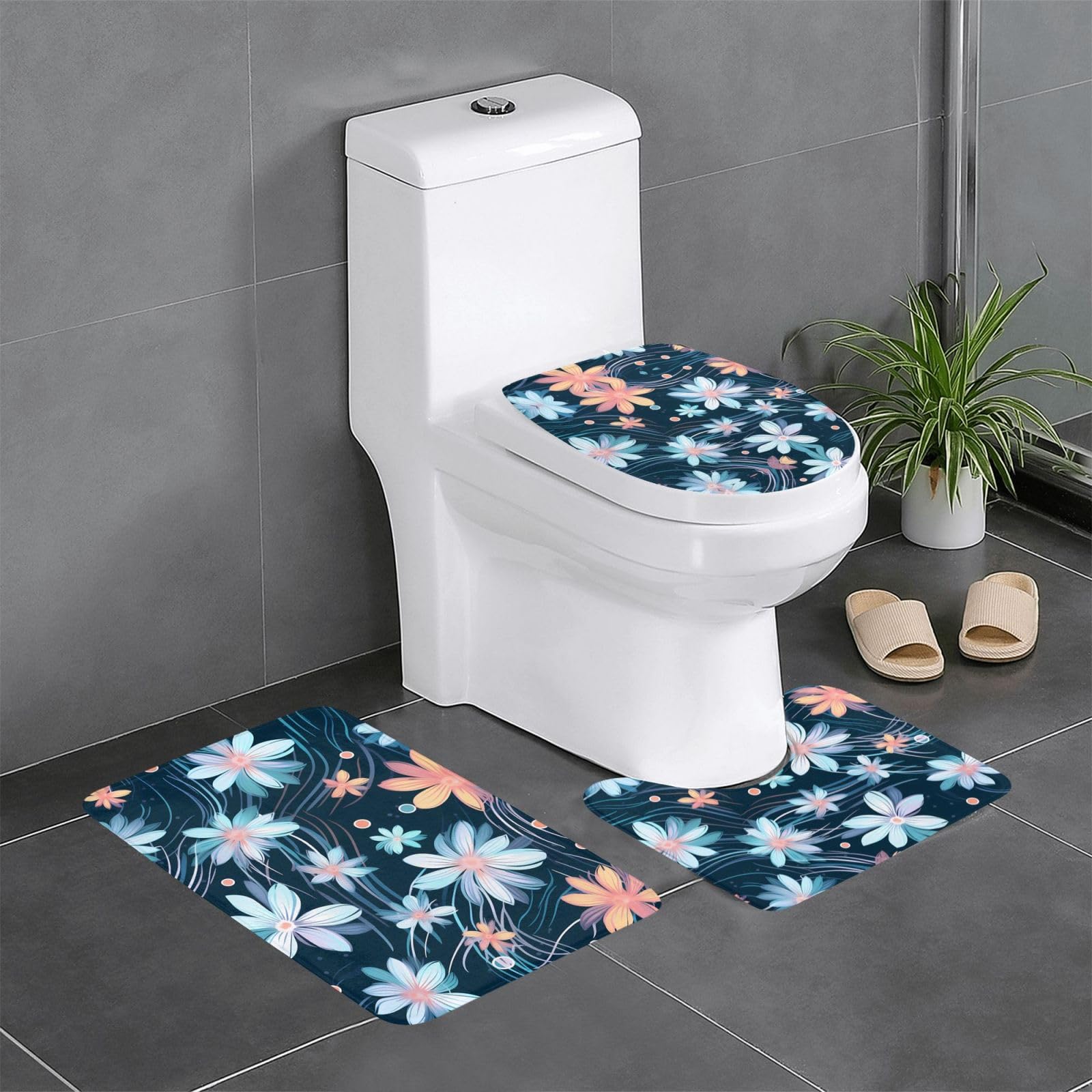 Tapis de salle de bain imprimé fleurs lot de 3 haut de gamme facile à nettoyer 61x40,6