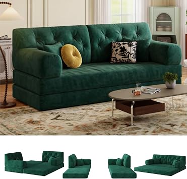78.8 Convertible Folding Sleeper Sofa Bed, Fold Out Couch Loveseat with Mattress,Corduroy Boneless Cloud Couch, Futon Teddy Sofa for Living Room, Bedroom, Apartment,Green