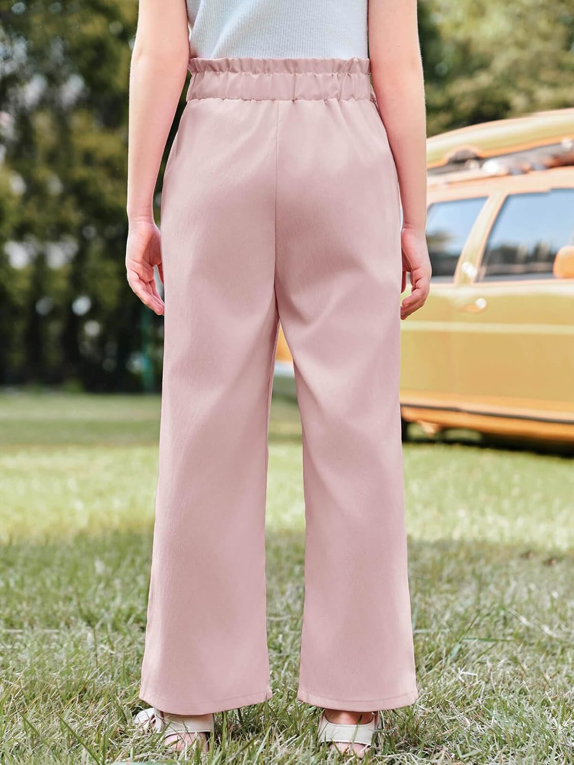 Haloumoning Girls Wide Leg Pants High Elastic Smocked Waist Casual Flowy Cute Long Trousers - Image 4
