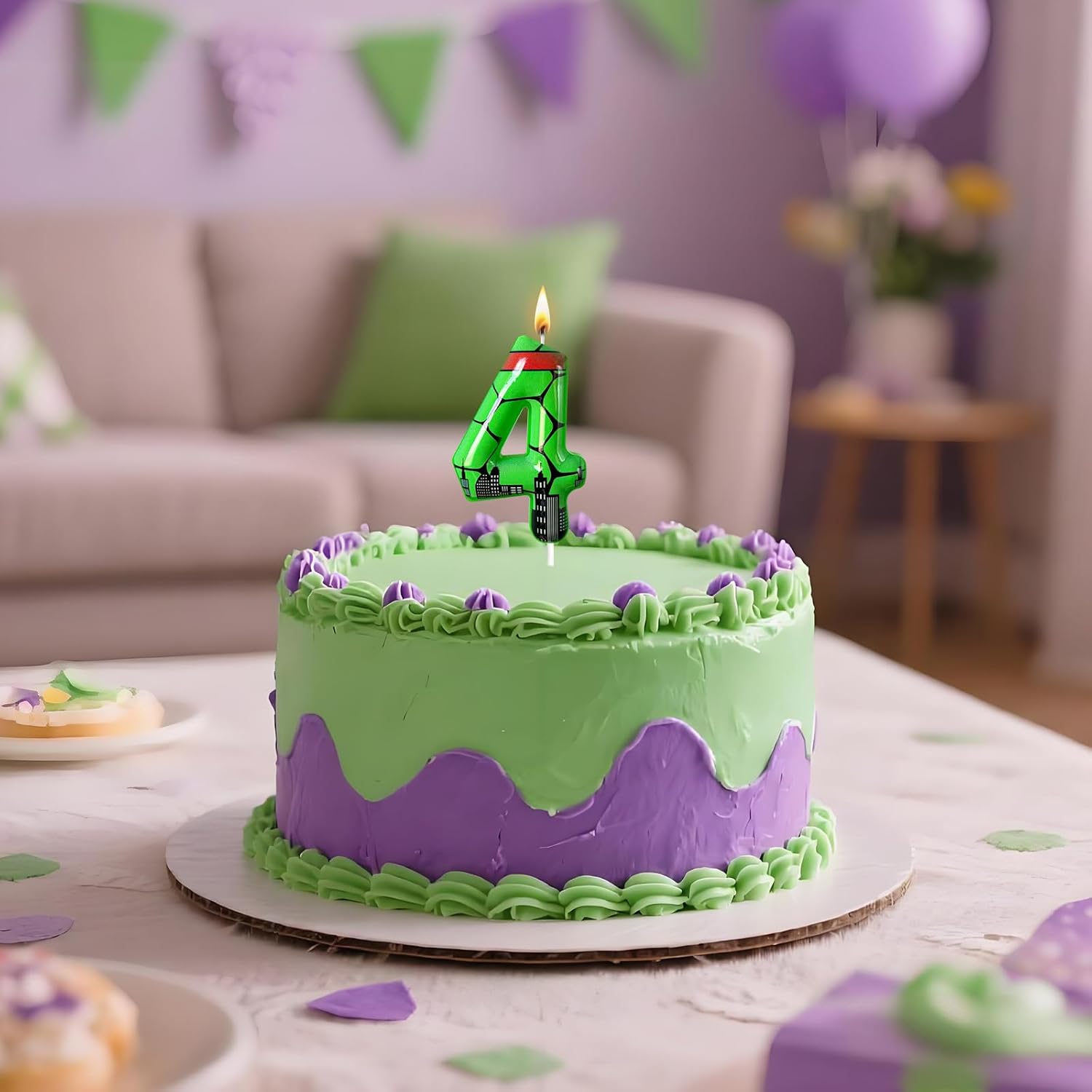 Ninja Green Hero Themed Number 4 Birthday Candle - Fractured Surface Cake Topper for Superhero Party Supplies, Action Themed Birthday Decorations(Green RZ, 4)