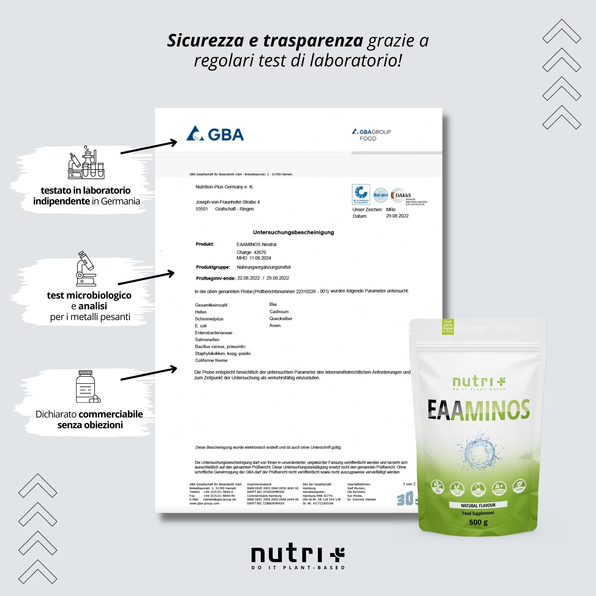 Nutri + EAA Vegani in Polvere Aminoacidi essenziali 500 g Plant based – Fermentazione vegetale – ideali pre intra post Workout - Mango & Passion Fruit