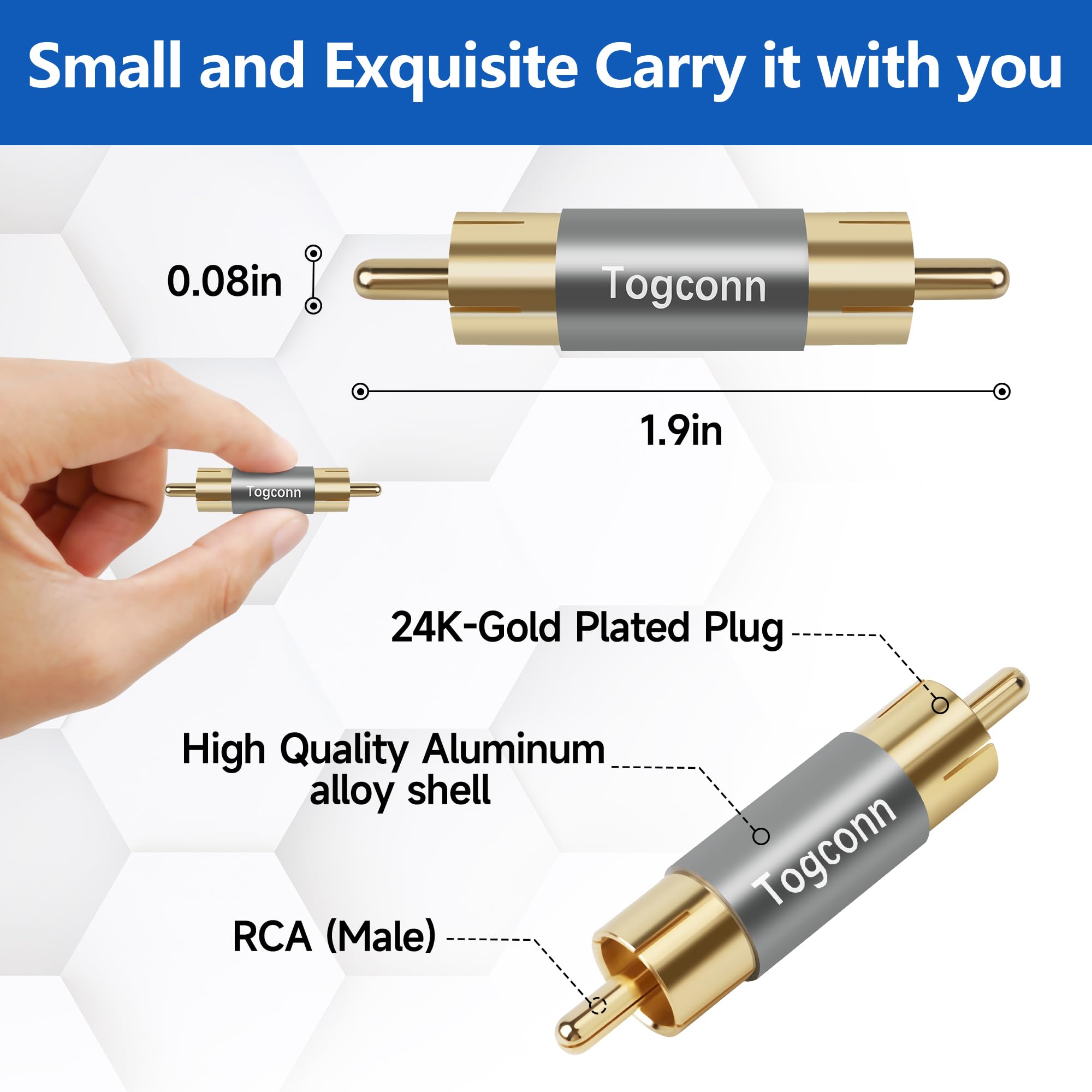 Paquete de 4 adaptadores RCA, 2 acopladores RCA hembra a hembra y 2 acopladores RCA macho a macho, chapado en oro para extensión de cable RCA, altavoz, amplificador
