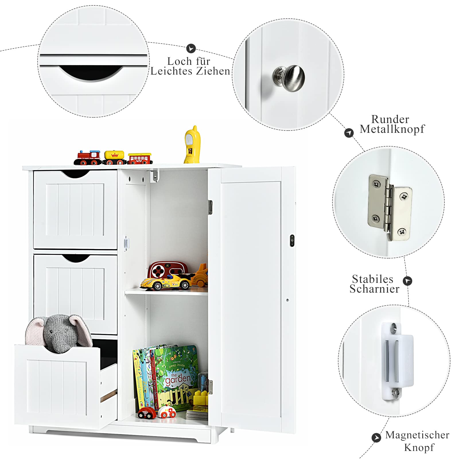 COSTWAY Drewniana szafka łazienkowa, z 3 szufladami i 1 drzwiami, szafka dolna z 3 pozycjami, regulowana półka, szafka do przechowywania do salonu, łazienki, 60 x 30 x 81 cm (biała)