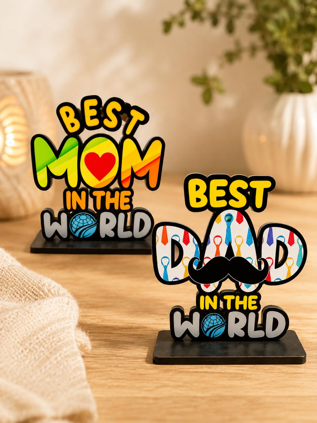 WARMINGO DE Best Mom & Dad In The World Wooden Trophy Combo | Best Gift For Mother Father Wedding Anniversary | Mothers Fathers Day Gift Multicolor (6 x 5.5 Inches Each)-picture-12