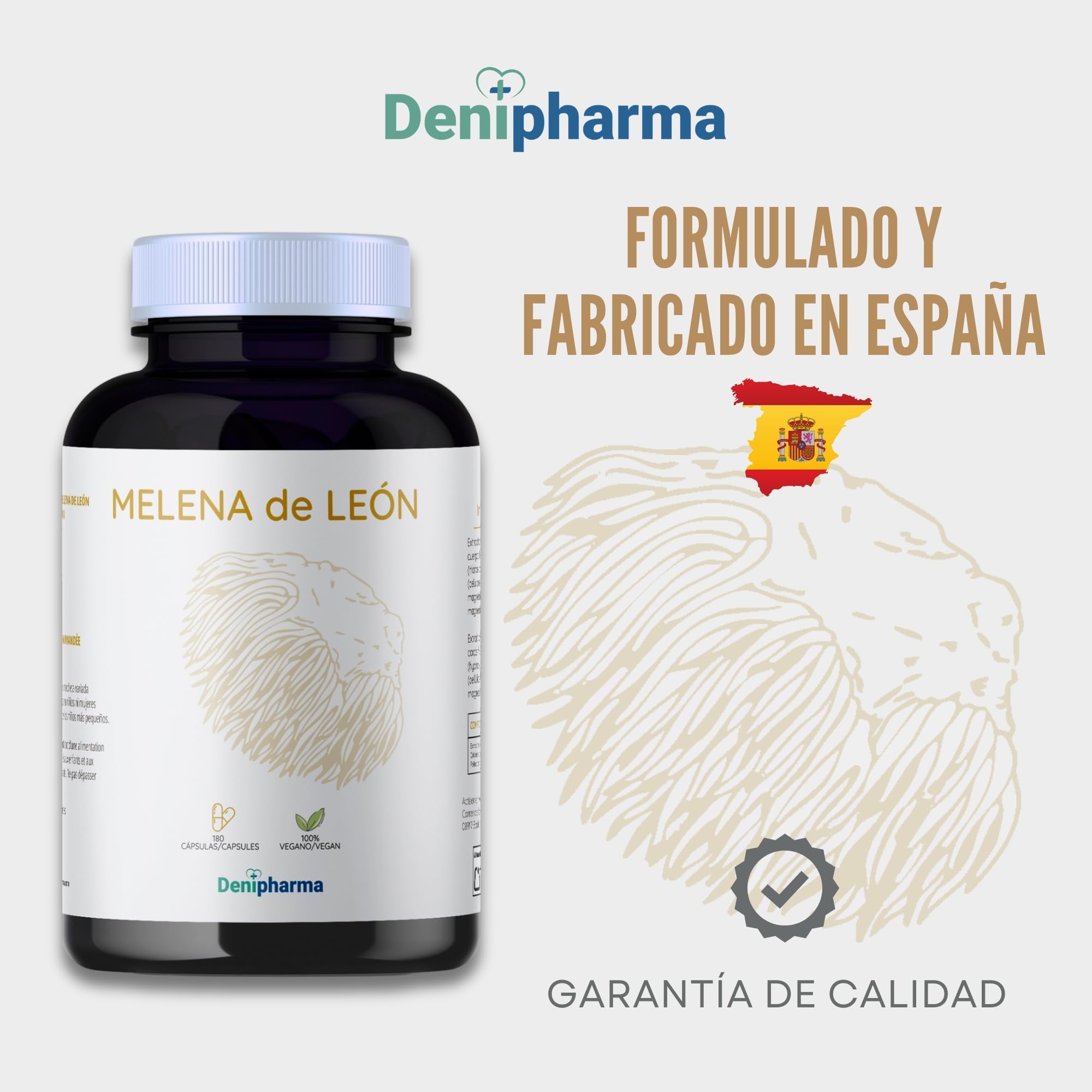 Melena de León - Nootrópico Natural – Mejora Memoria, Enfoque y Claridad Mental – Suplemento para Salud Cognitiva y Sistema Nervioso – 180 cápsulas | DENIPHARMA