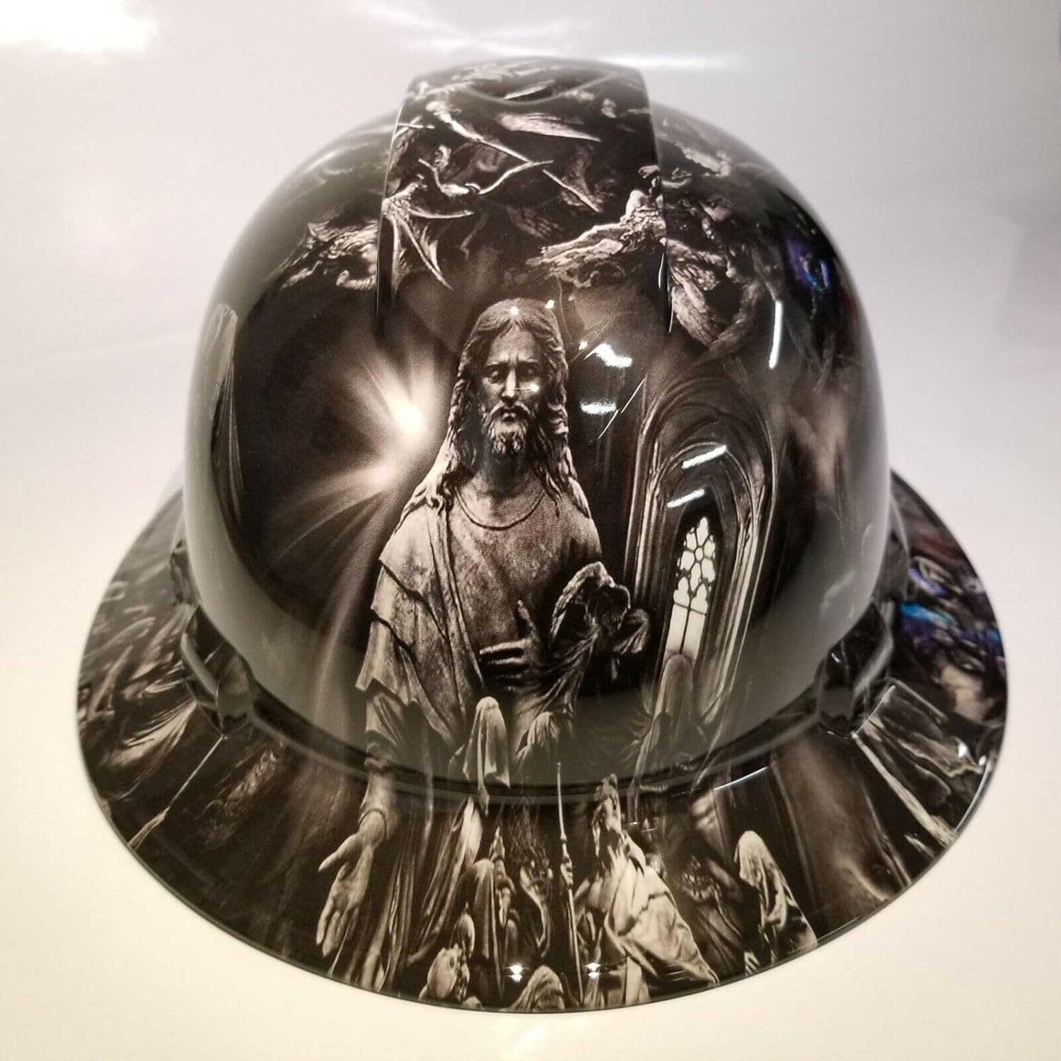 Wet Works Imaging Customized Pyramex Full Brim Jesus with ANGELSHard Hat with Ratcheting Suspension