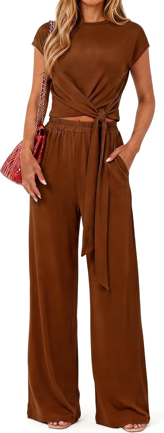 PRETTYGARDEN 2 Piece Lounge Sets For Women 2026 Summer Casual Outfits Cap Sleeve Belted Crop Tops Wide Palazzo Leg Pants