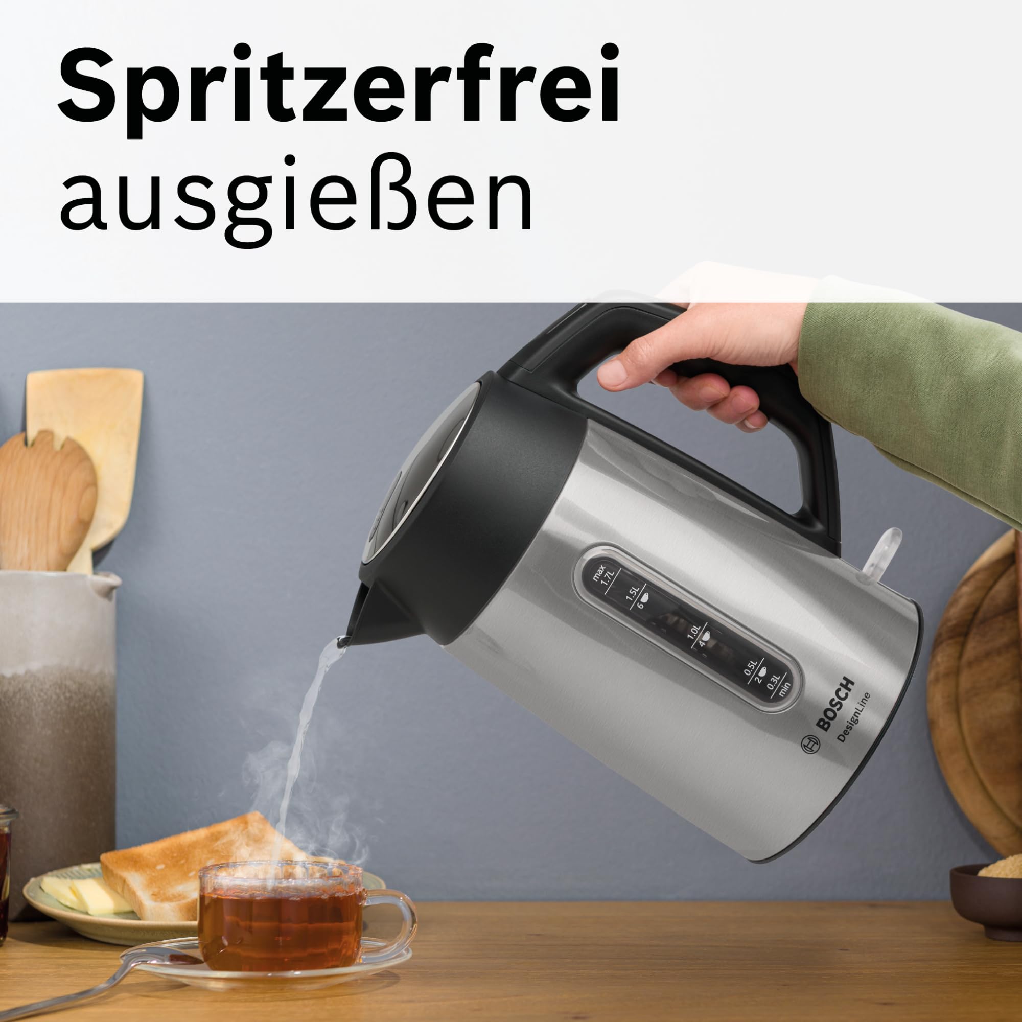 Bosch kabelloser Wasserkocher DesignLine TWK4P440, Ausgießen ohne Spritzer, Tassenanzeige, Wasserstandsanzeige, Überhitzungsschutz, 1,7 L, 2400 W, Edelstahl/schwarz