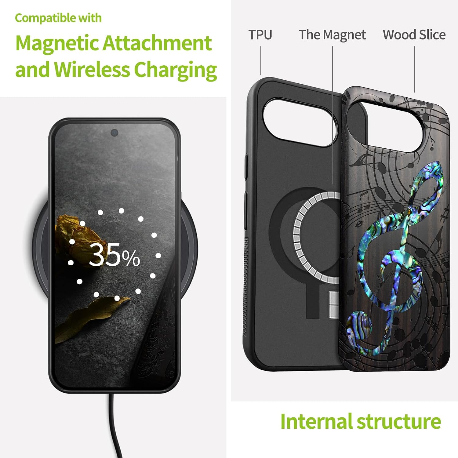 Carveit Magnetic Wooden Case for Google Pixel 10a Case, Wood Artisan Engraved & Handmade Shell Inlaid, Compatible with MagSafe Wireless Chargers (Musical Note) Blackwood
