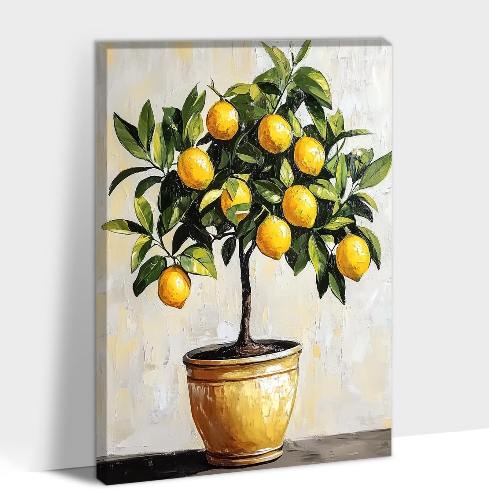 UZMKM Lemon Wall Art, Still Life Lemon Flower Pots Canvas Prints for Kitchen Wall Decor, Framed Rustic Fruit Flowers Posters, Vintage Farmhouse