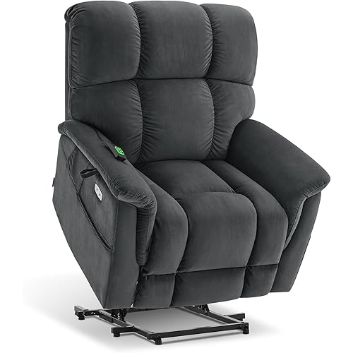 MCombo Large-Wide Dual Motor Power Lift Recliner Chair, Massage and Dual Heating for Elderly People, Infinite Position, Fabric R7166 (Dark Grey)