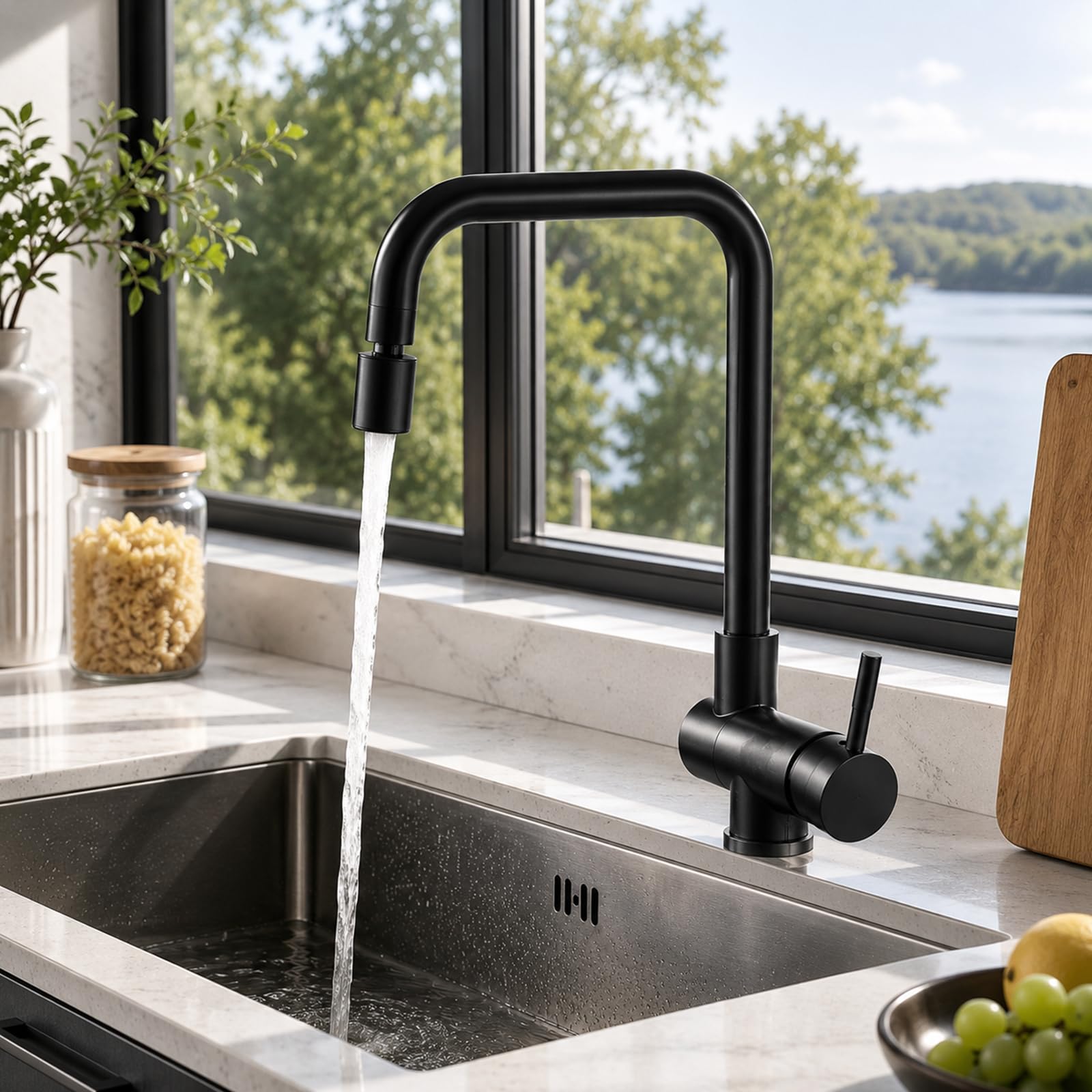Grifo de Cocina Abatible Bajo Ventana, Negro Satinado