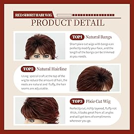 Short Ombre Red Curly Wigs for White Women Layered Red Mixed Brown Pixie Cut Wig with Bangs Synthetic Natural Looking Daily Party Wig 6 Inch