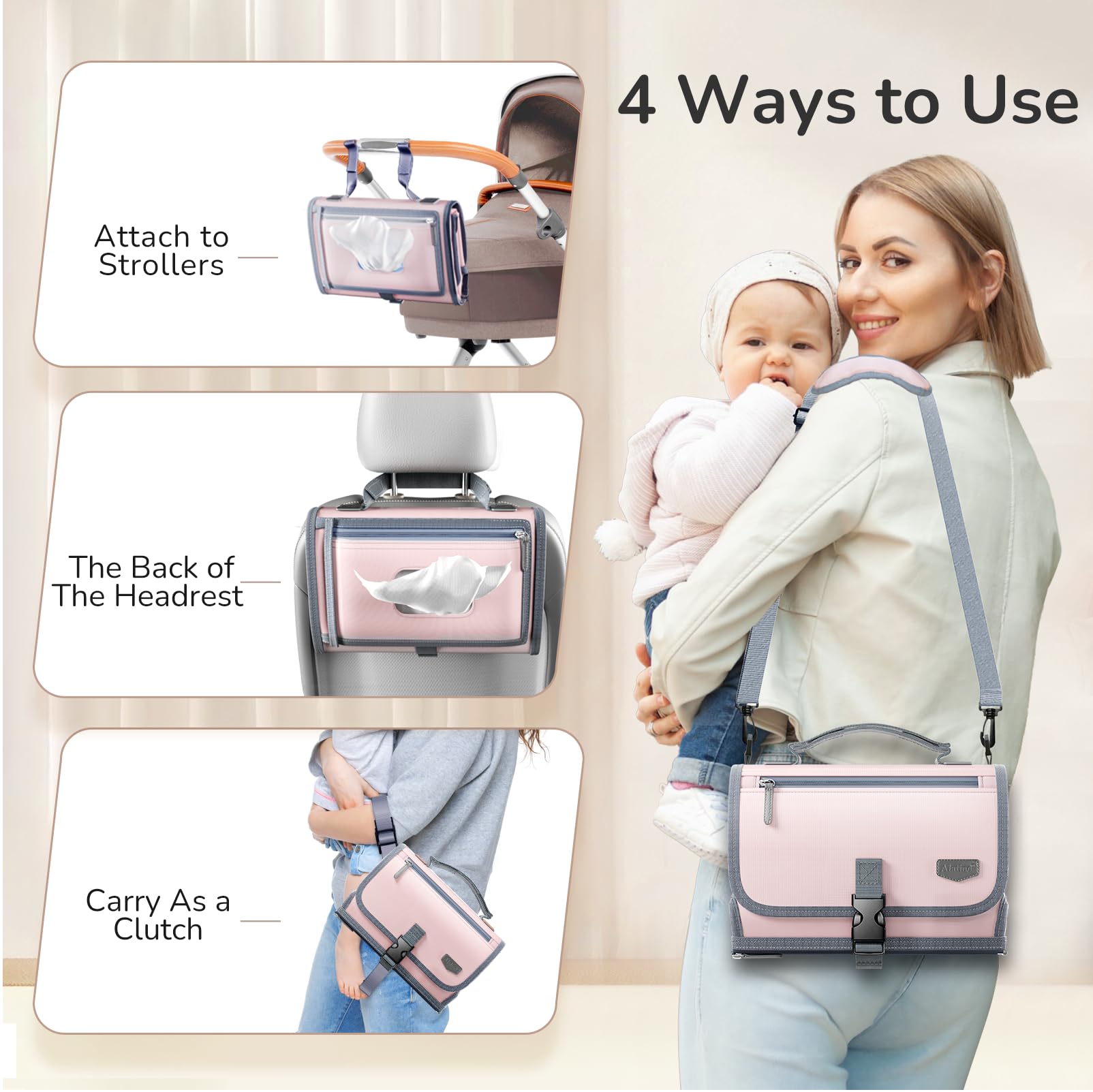 Cambiador de pañales portátil con correa para el hombro, cambiador de viaje desmontable con bolsillo para toallitas de bebé, regalos para baby shower, niñas y niños recién nacidos (rosa)