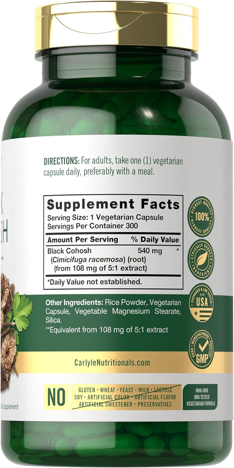 Black Cohosh Capsules | 540mg | 300 Count | Vegetarian, Non-GMO, and Gluten Free Formula | Black Cohosh Root Extract Supplement | by Carlyle : Health & Household