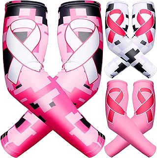 Geyoga 3 Pairs Breast Cancer Awareness Sleeves Pink Ribbon Arm Sleeves Cooling Compression Arm Sleeves UV Protection Arm Cover Sleeve for Women Football Basketball Sports