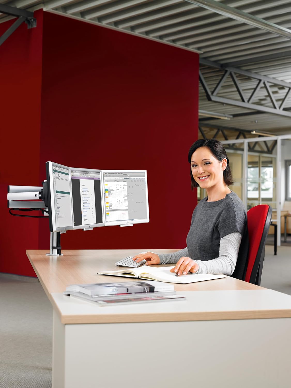 Novus TSS Trio Monitor Arm, Easily Align 3 Monitors, Improves Viewing Comfort with Ergonomic Adjustments for Height/Distance/Angle, Drill Screw Mount, Silver