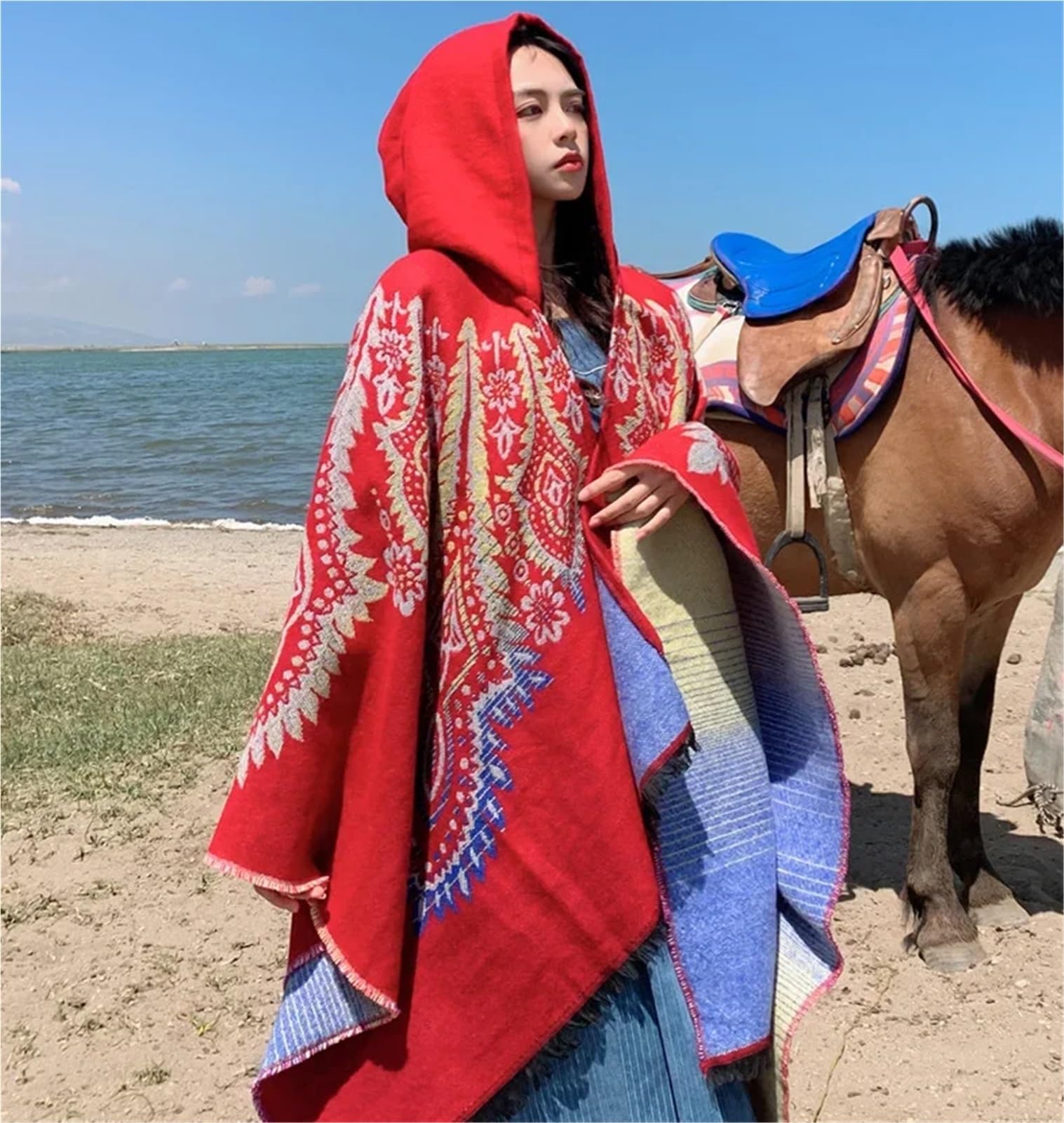 Scialle Donna Poncho Invernale da Viaggio, Caldo, con Cappuccio, Stile Etnico, con Scialle in Cashmere Imitazione Vento