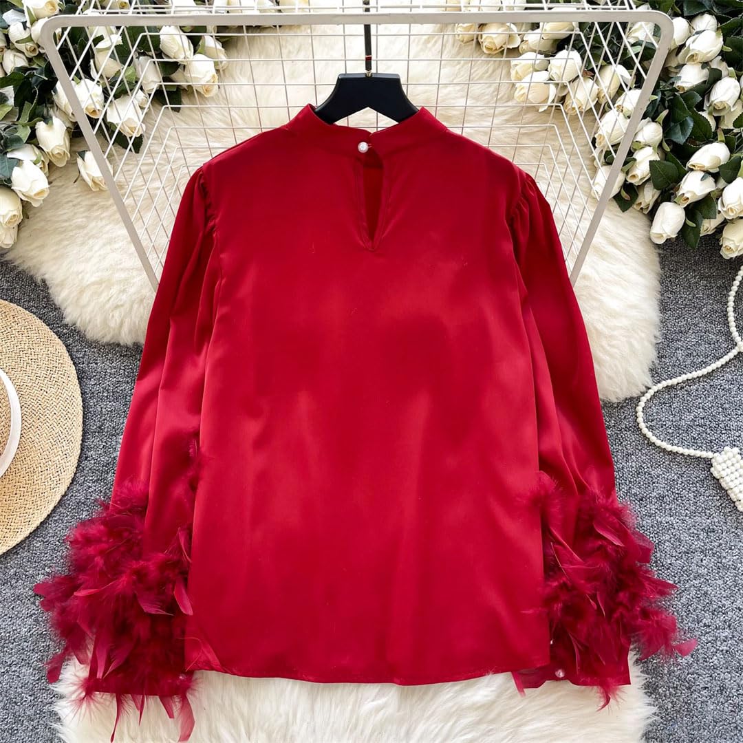 Chemisier en satin à plumes pour femme - Manches longues - Col montant - Haut de bureau