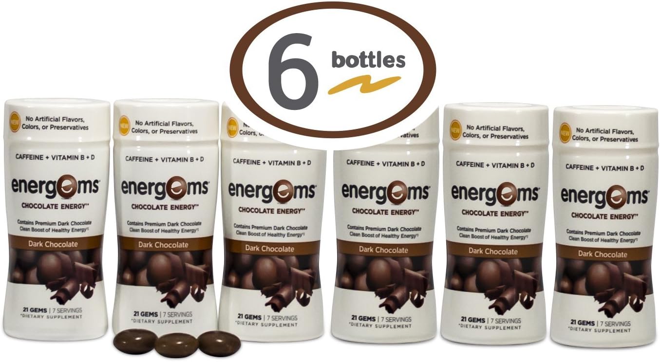 Energems Energy Boost Gems, 6 Bottle Pack (126 Gems), Dark Chocolate