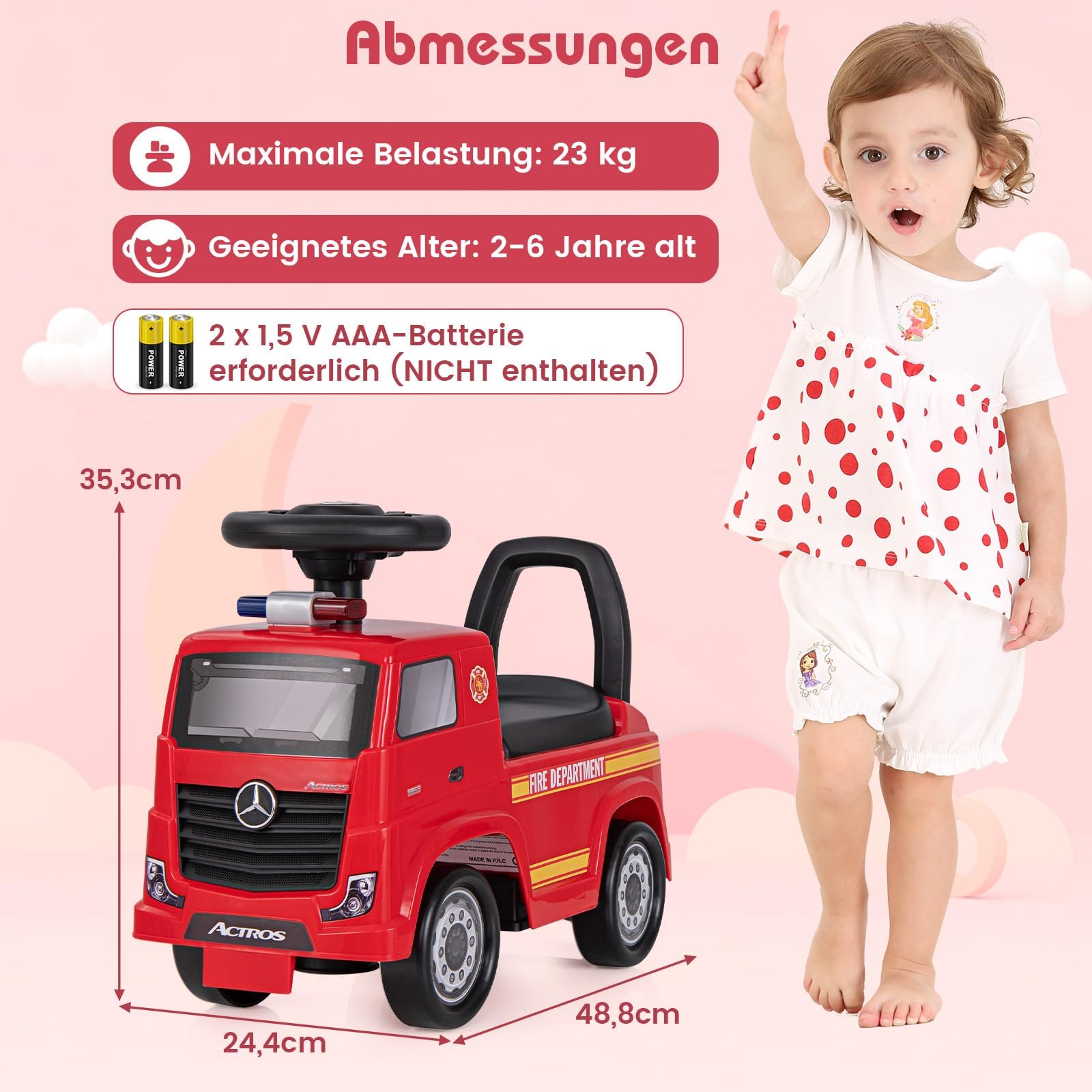 COSTWAY Mercedes Benz Rutschauto, Schiebeauto mit Stauraum & Musik & Hupe & Kippschutz, Kinder Rutscher Feuerwehrauto mit Warnlampe für Kinder ab 2 Jahren, Rot