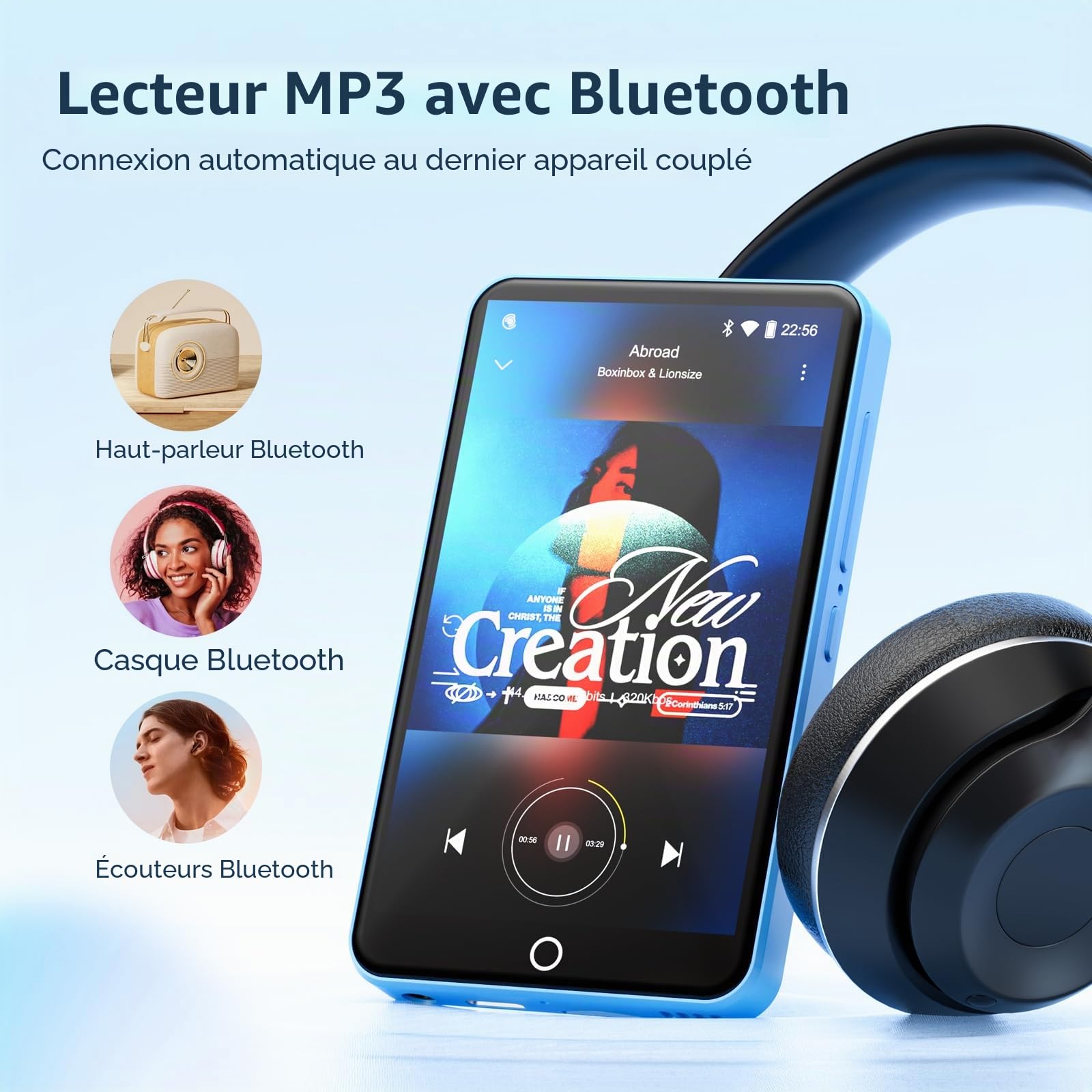 Oilsky Lecteur MP3 Bluetooth WiFi 80GB 4" 1080P Tactile Android 9.0 Portable Spotify Audible Deezer Bleu
