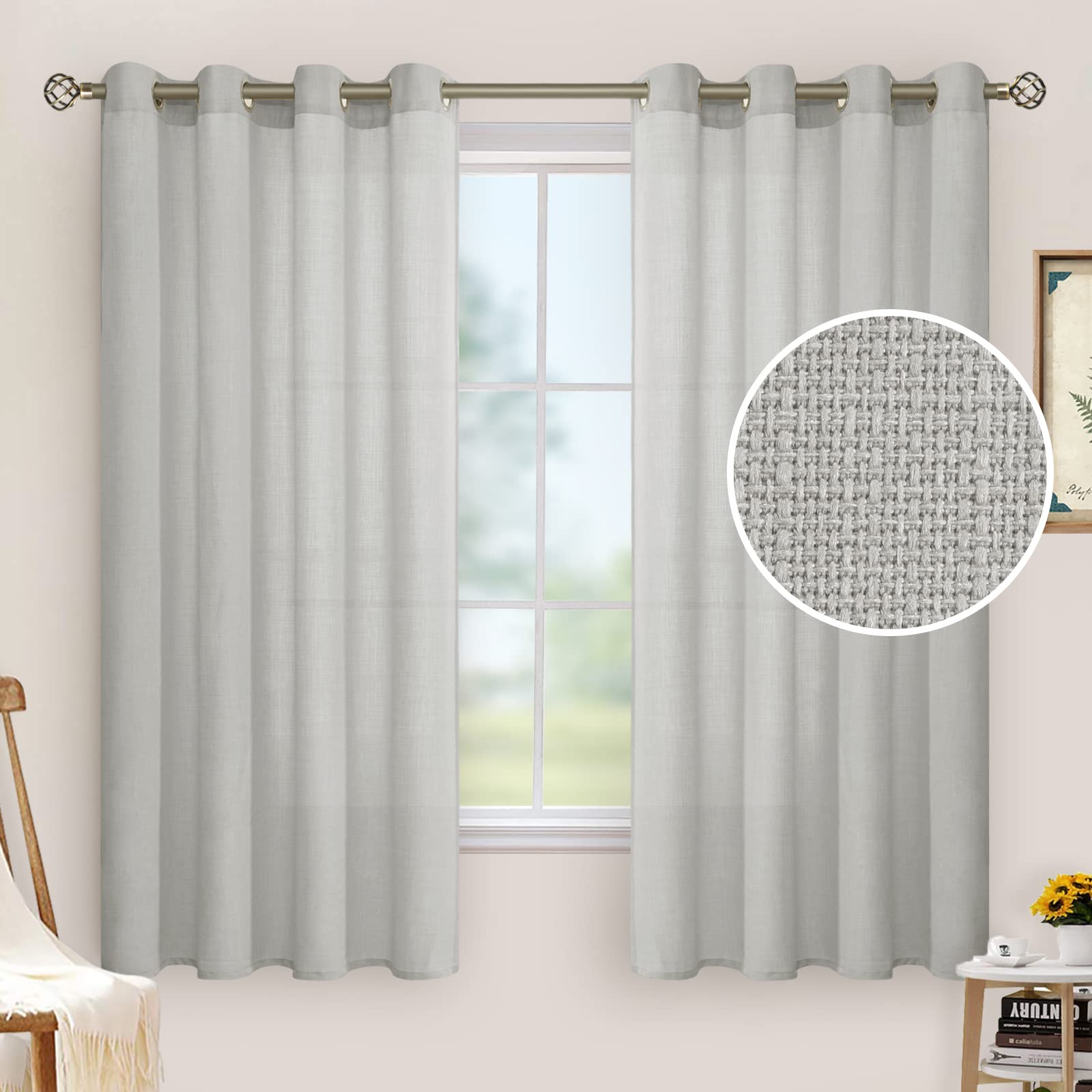 LAMIT Faux Linen Curtains for Bedroom, Grommet Thick Linen Drapes Light Filtering Privacy Sheer Window Curtains for Living Room, Set of 2 Panels (52 x 63 Inch, Light Grey)