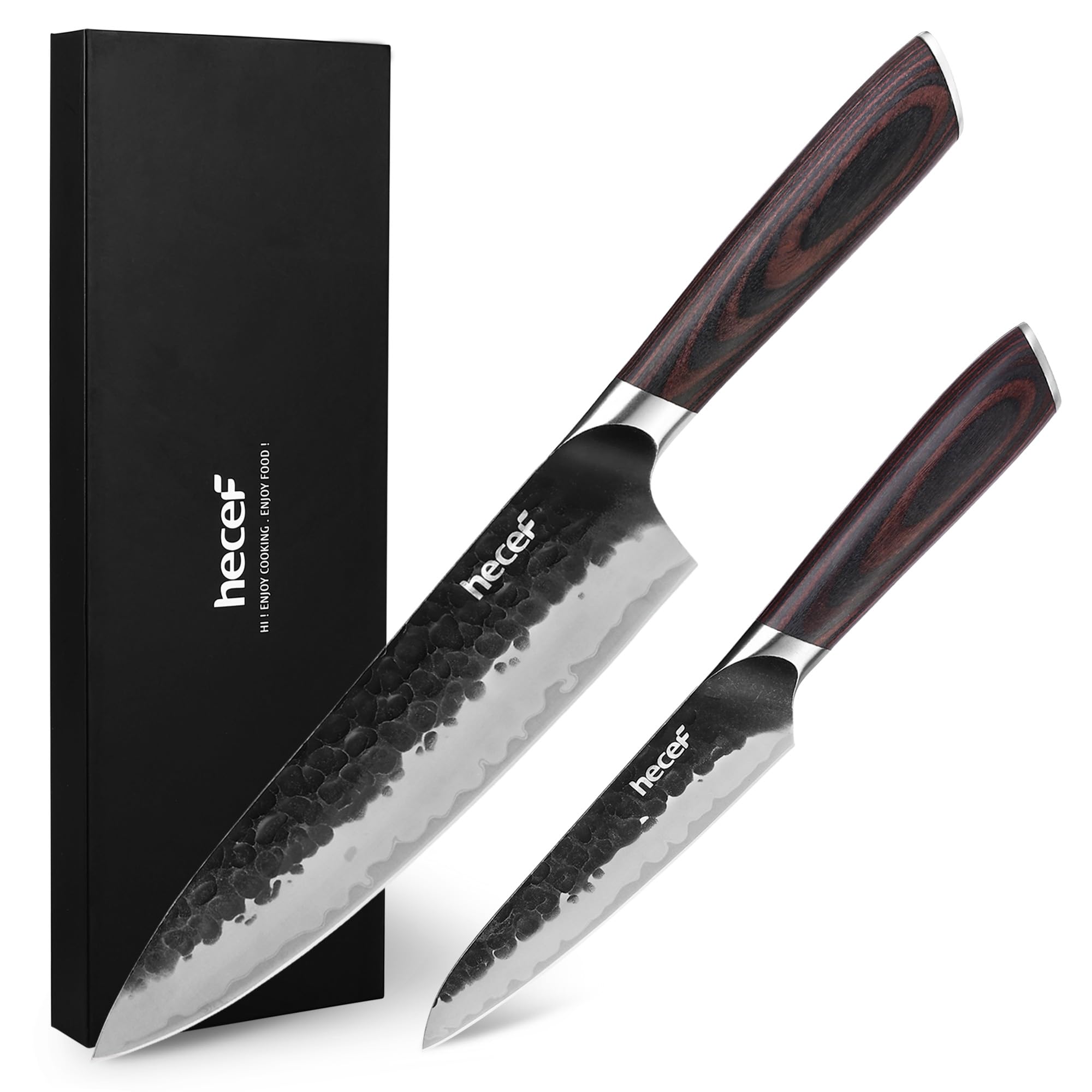 hecef set coltelli da cucina giapponesi 2 pezzi, coltello da chef 20 cm e coltello multiuso 12,7 cm, lama a 3 strati ad alto contenuto di carbonio con manico ergonomico in Pakkawood