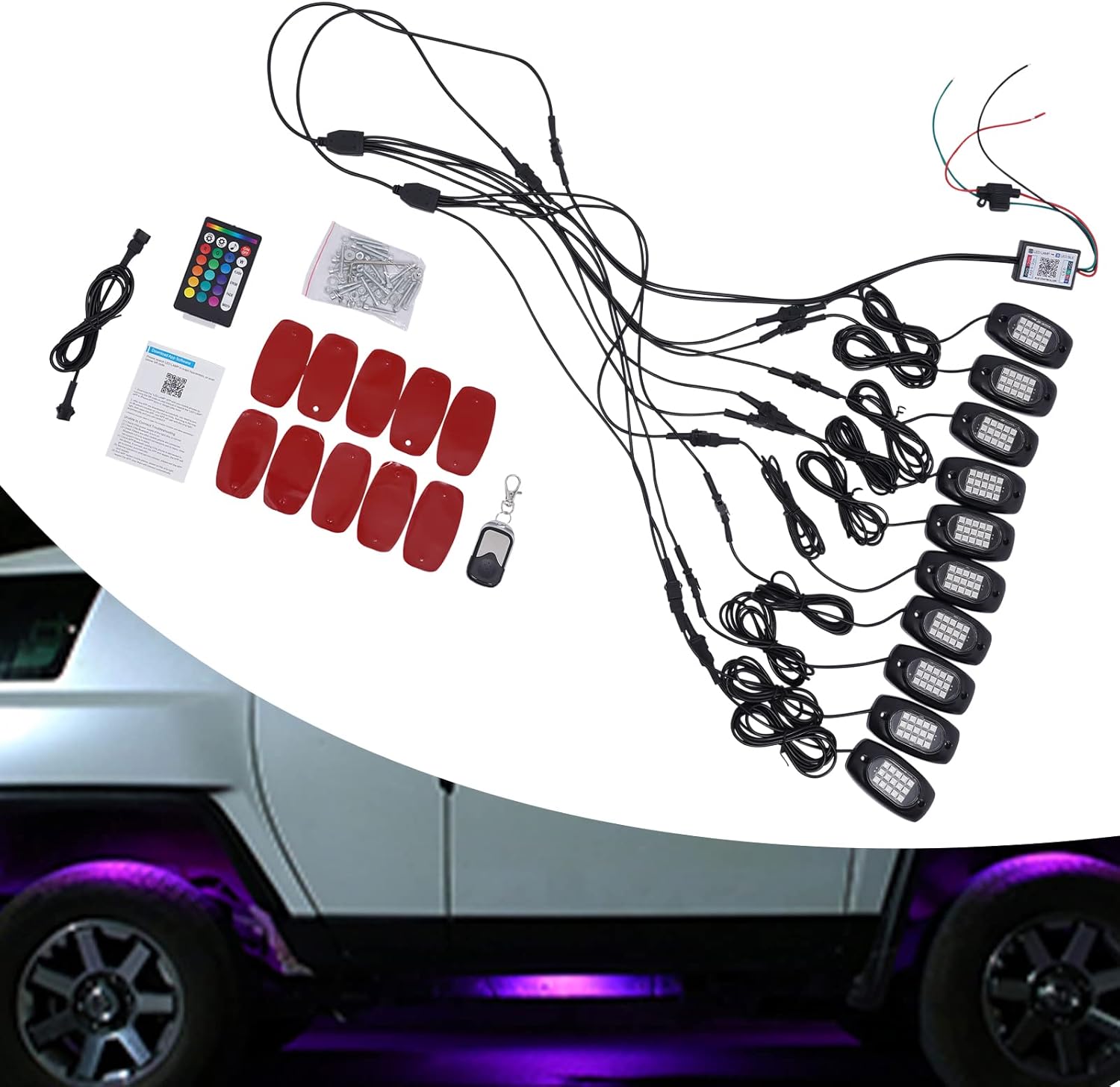LED Rock Lights for Car, High Brightness Multifunction Neon Underglow Kit with APP/RF Control – Multicolor Underbody Light for ATV RZR UTV SUV Off Road Truck, Music Sync