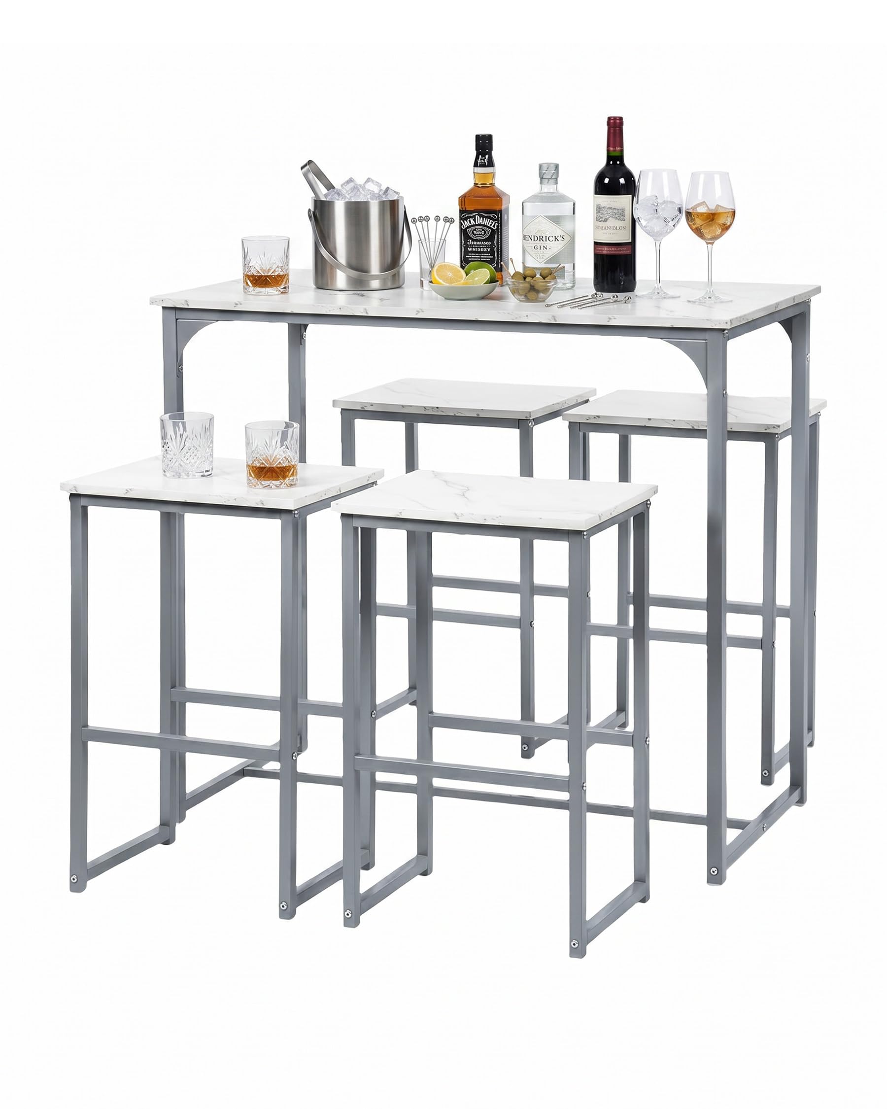 Mesa Alta 100x50cm, Mesa Alta Cocina con Taburetes, Mesa Bar, Mesa de Bar, Barra Cocina, Tablero Efecto Mármol Blanco con Estructura Plata Mate