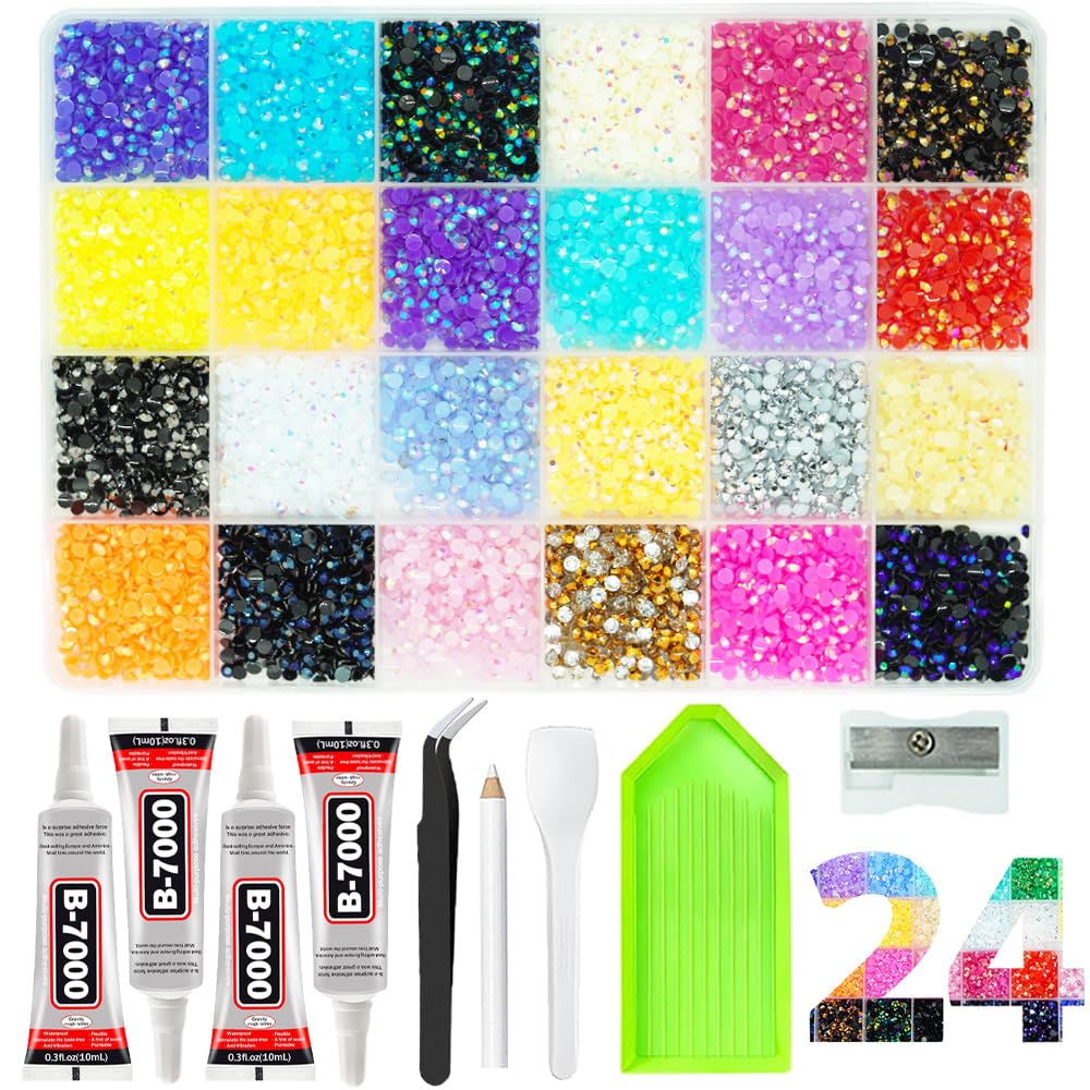 Bedazzling Kit with 4*Glues and 5 Tools, 24 Colours 3mm SS12 Resin Rhinestones Flatback Gems Non-HOTFIX Bedazzler Stones with Nine Piece Tool Set for DIY Nail Art Decoration