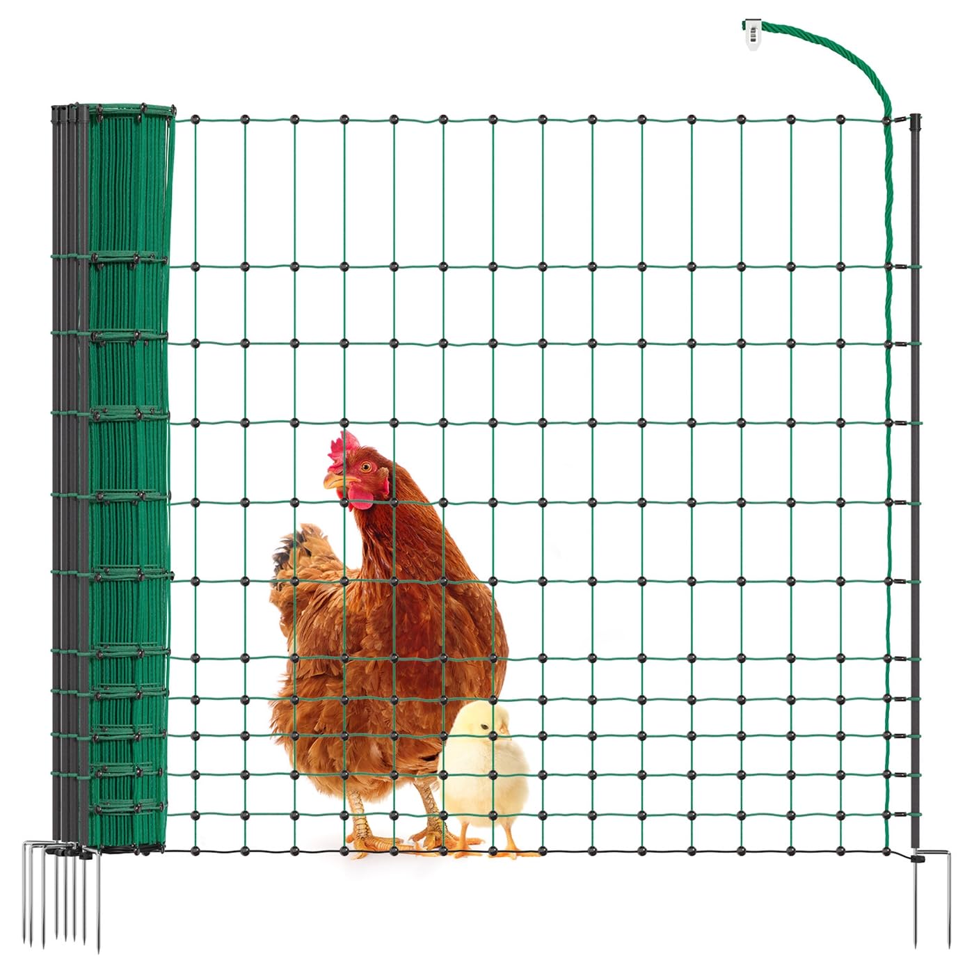 VOSS.farming 15m Hundezaun, Katzenzaun, Hühnerzaun, Geflügelzaun, Geflügelnetz, 112cm, 6 Pfähle, 2 Spitzen, grün Classic