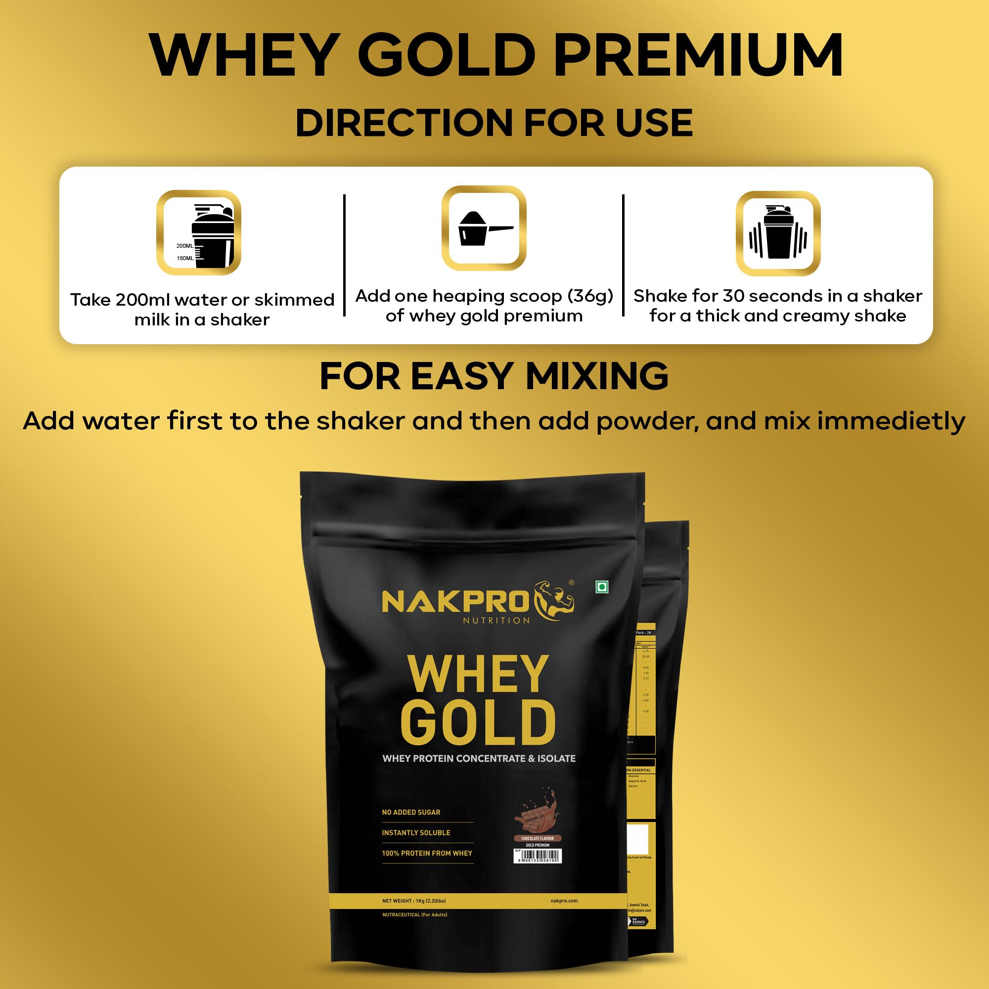 NAKPRO NUTRITION Gold Premium Whey Protein | 1kg Chocolate | 27g Protein | Isolate & Concentrate 3