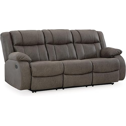 Signature Design by Ashley First Base Contemporary Faux Leather Manual Reclining Sofa, Gray