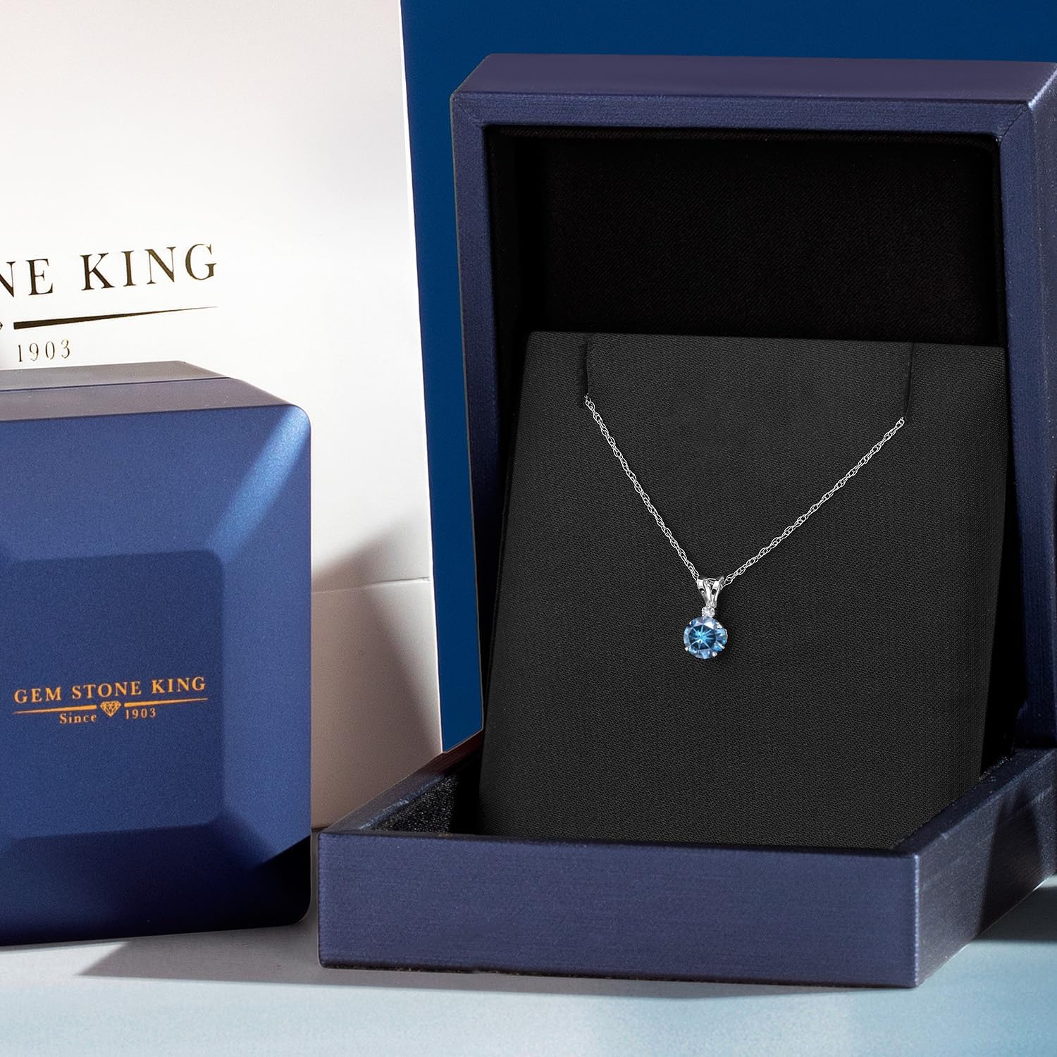 Gem Stone King 14K White Gold Persian Blue Moissanite and White Created Sapphire Pendant Necklace for Women | 0.82 Cttw | Gemstone Birthstone | Round 6MM | With 18 Inch Chain - Image 5