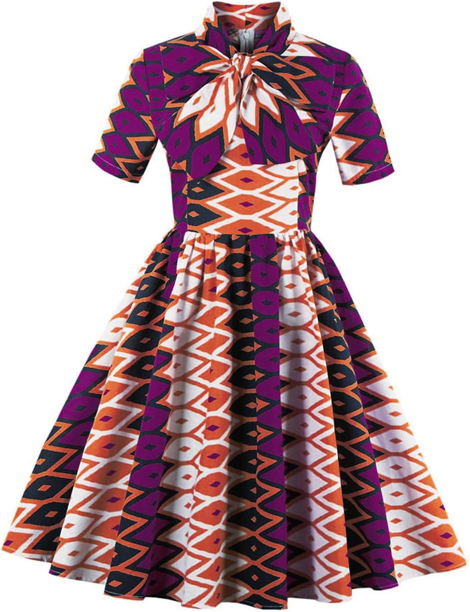 Foshow Womens African Print Vintage Dress Plus Size Holiday Dashiki Midi Dresses Purple