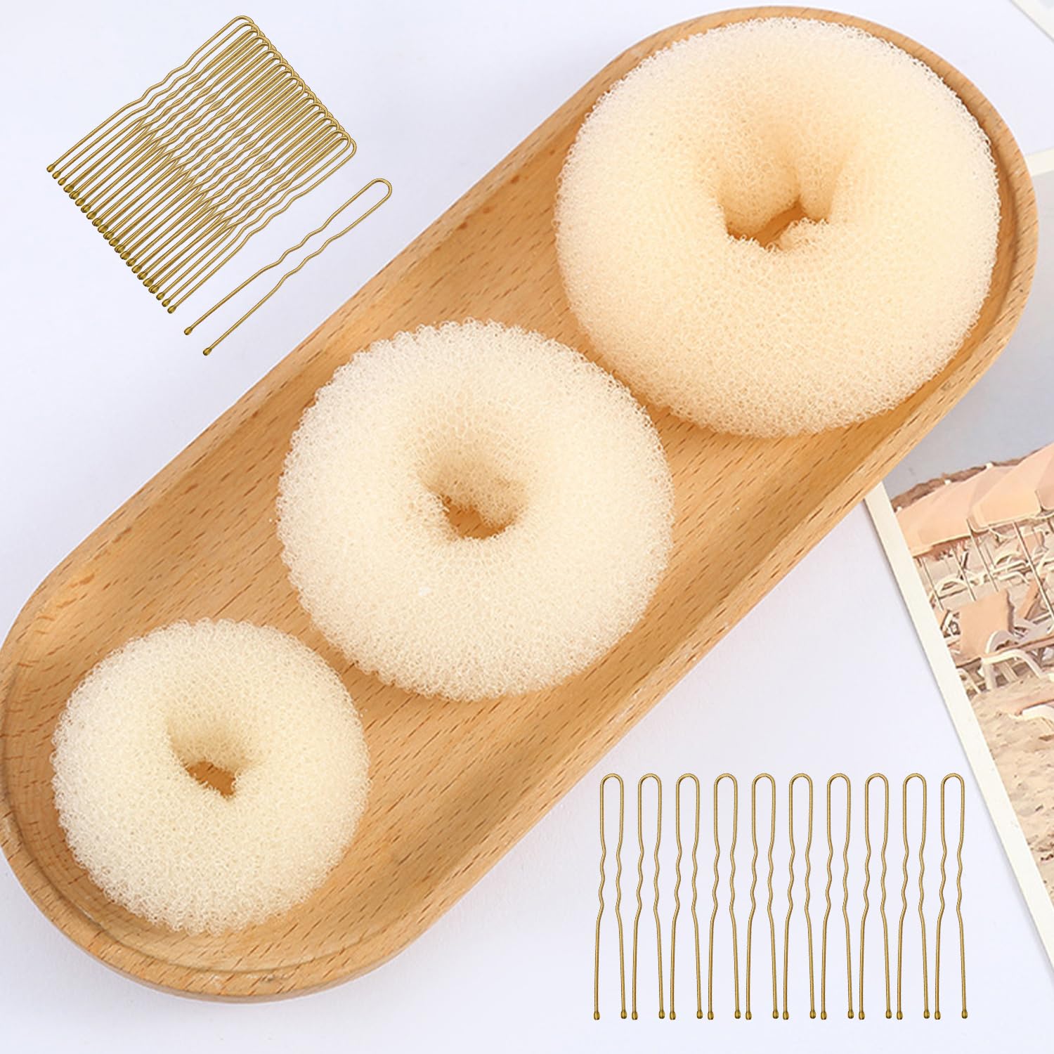 CORTNEY Donut Moño Kit, 6 Piezas Beige Donut Moño de Pelo, 30 Piezas de Horquillas Dorado en Forma de U, Accesorios de Peinado, para Mujeres Niñas, Bailarinas de Ballet para Hacer Moños